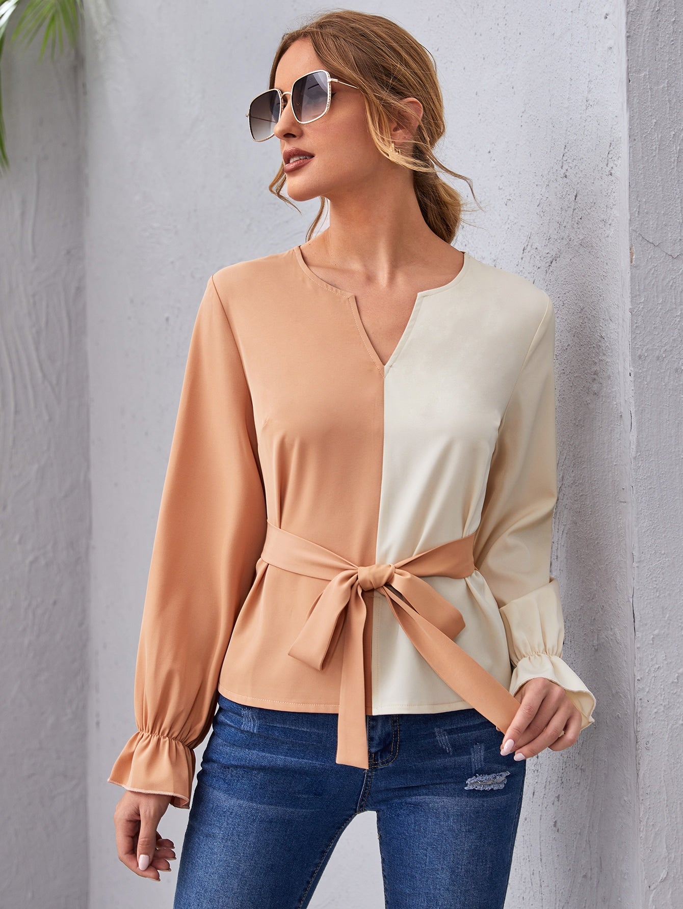 Notch Neck Bell Sleeve Belted Colorblock Top