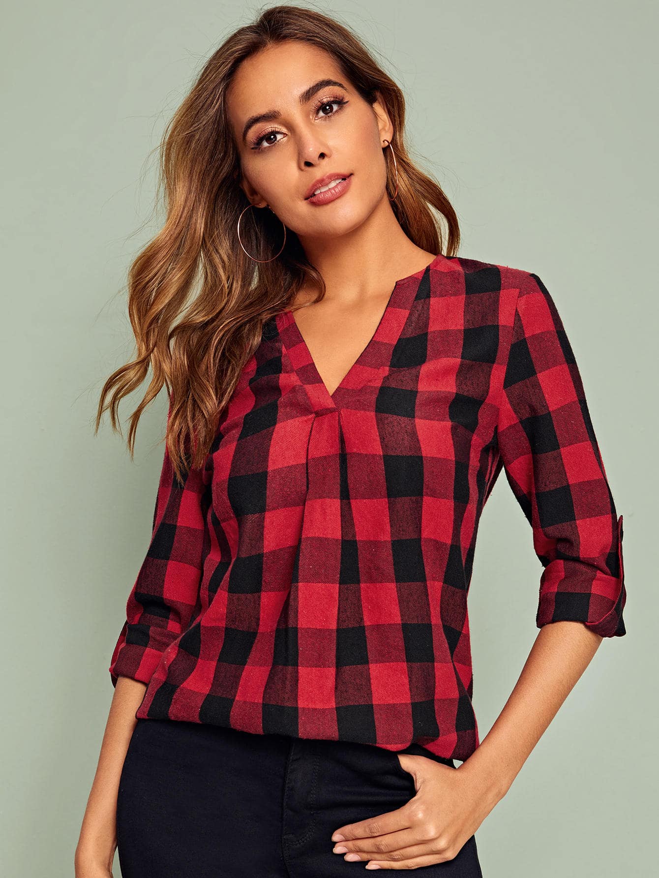 Notch Neck Buffalo Plaid Print Roll Tab Sleeve Top