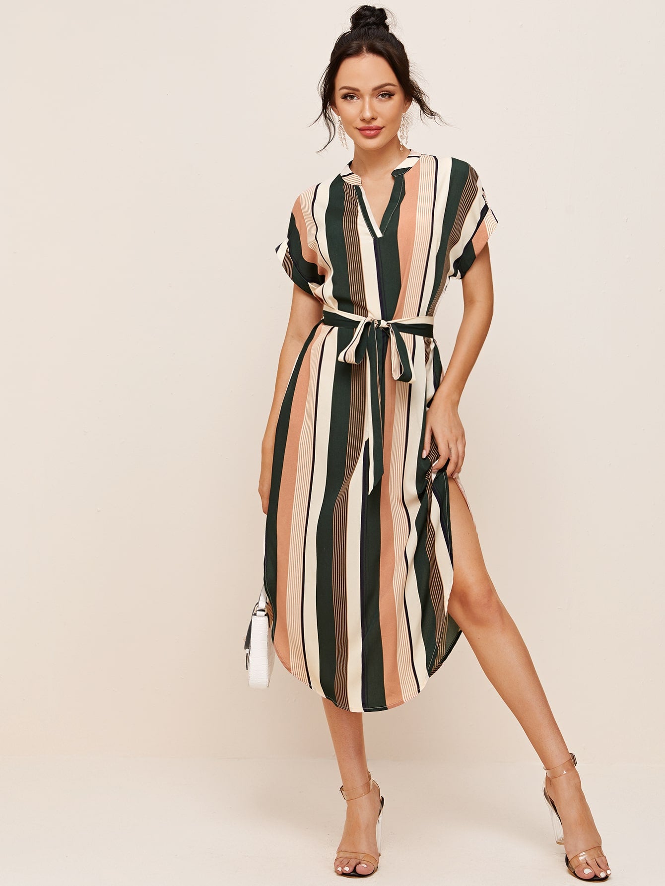 Notch Neck Curved Hem Self Belted Striped Dress