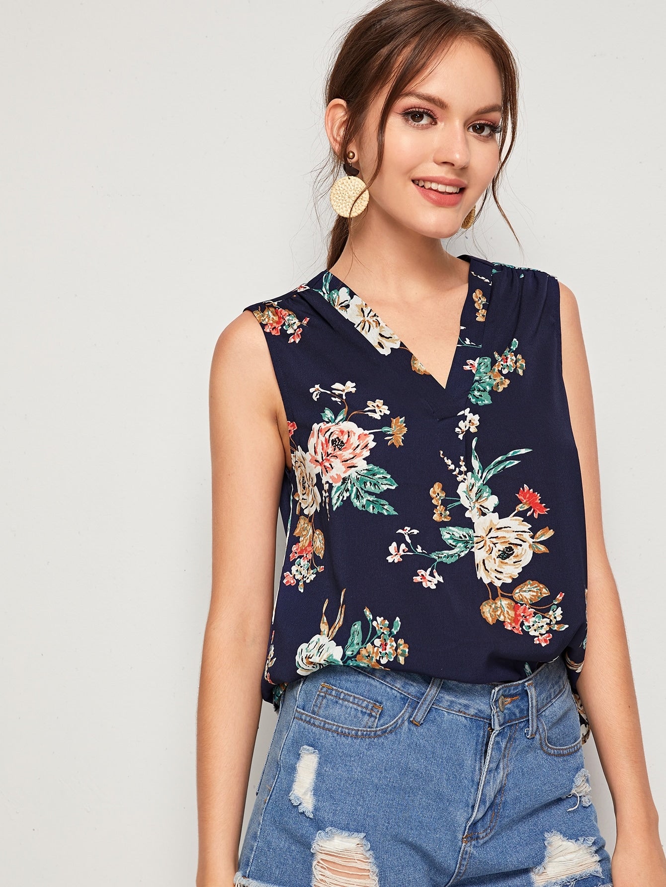 Notch Neck Floral Print Top