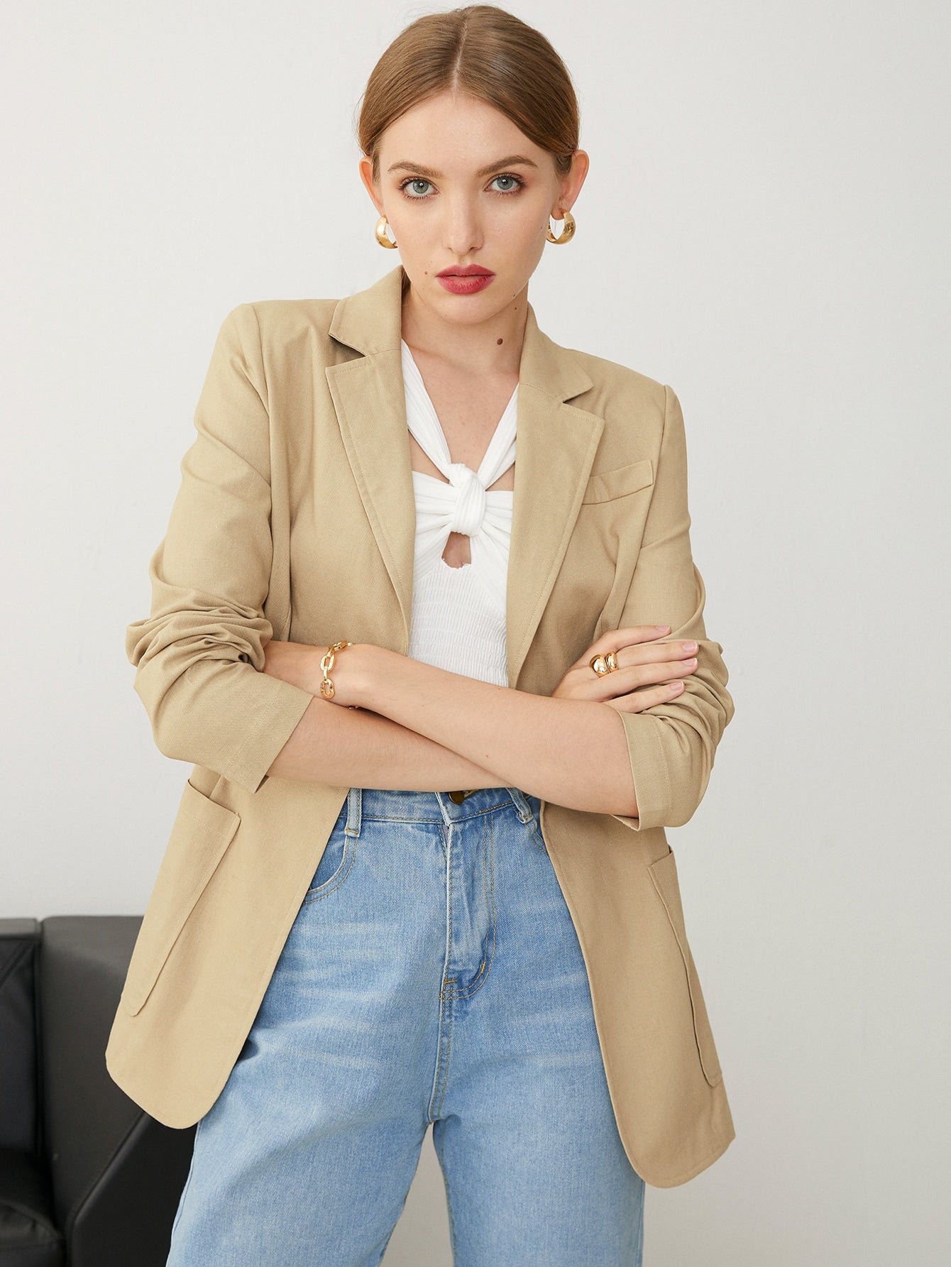 Notch Neck Pocket Front Split Back Blazer