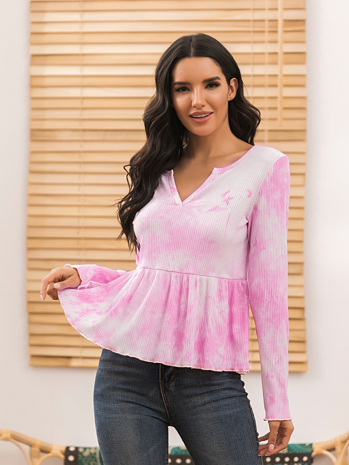 Notch Neck Rib-knit Tie Dye Peplum Top