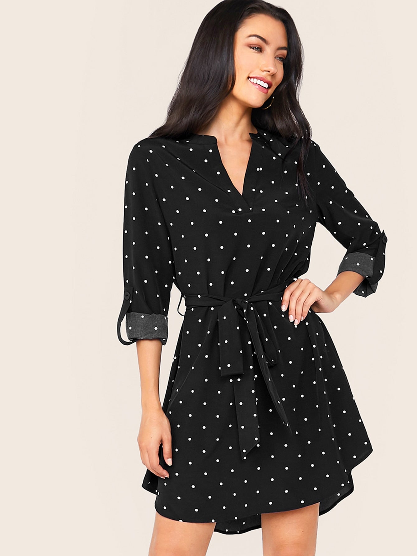 Notch Neck Roll Tab Sleeve Polka Dot Dress