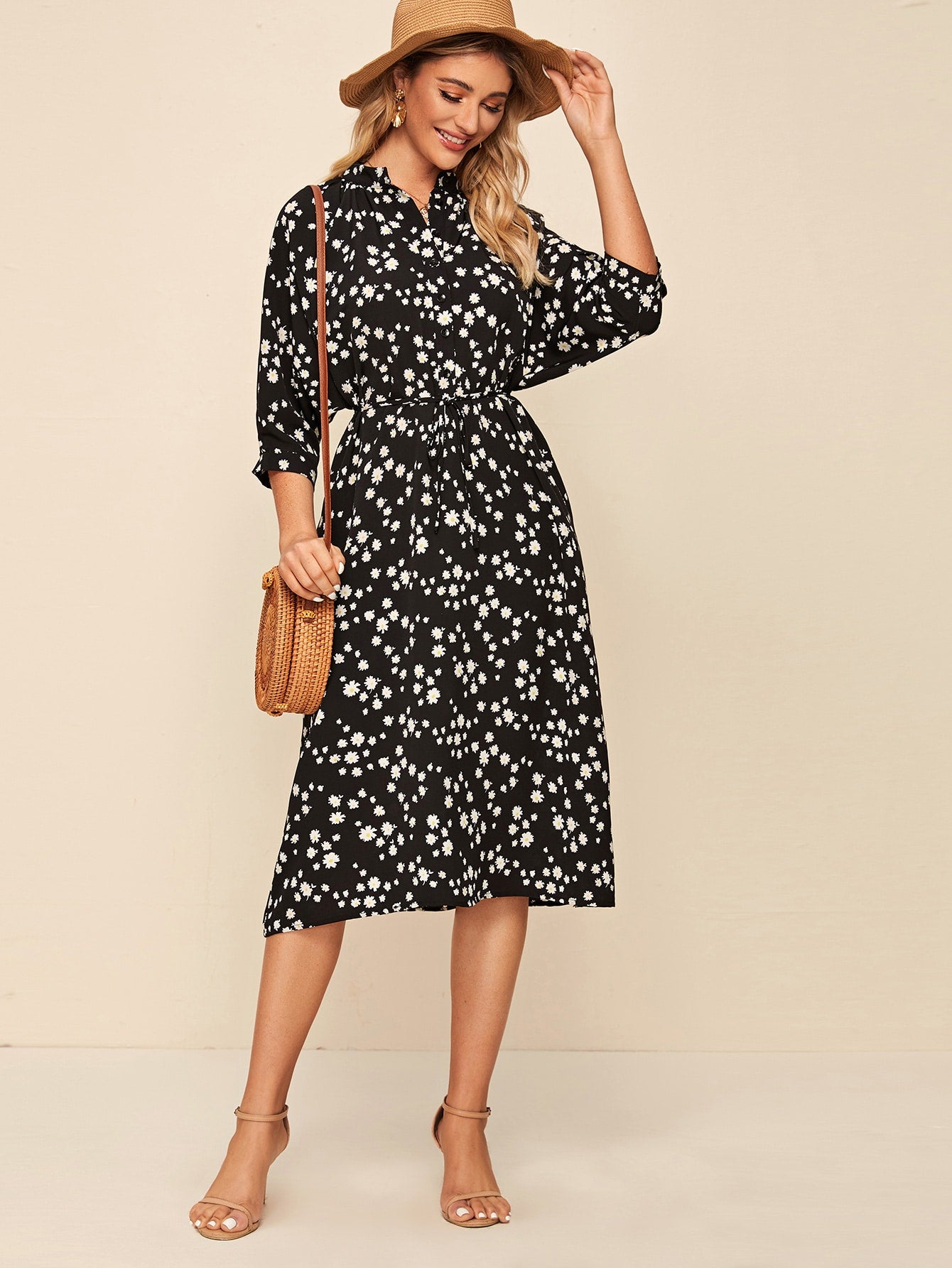 Notched Belted Floral Print Dress