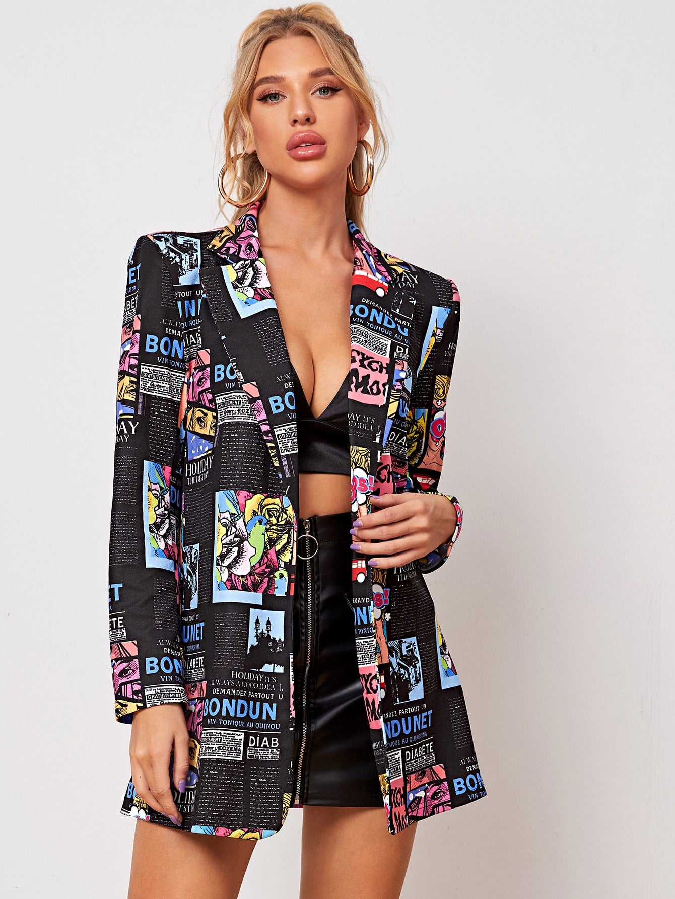 Notched Collar Buttoned Front Dragon Print Blazer