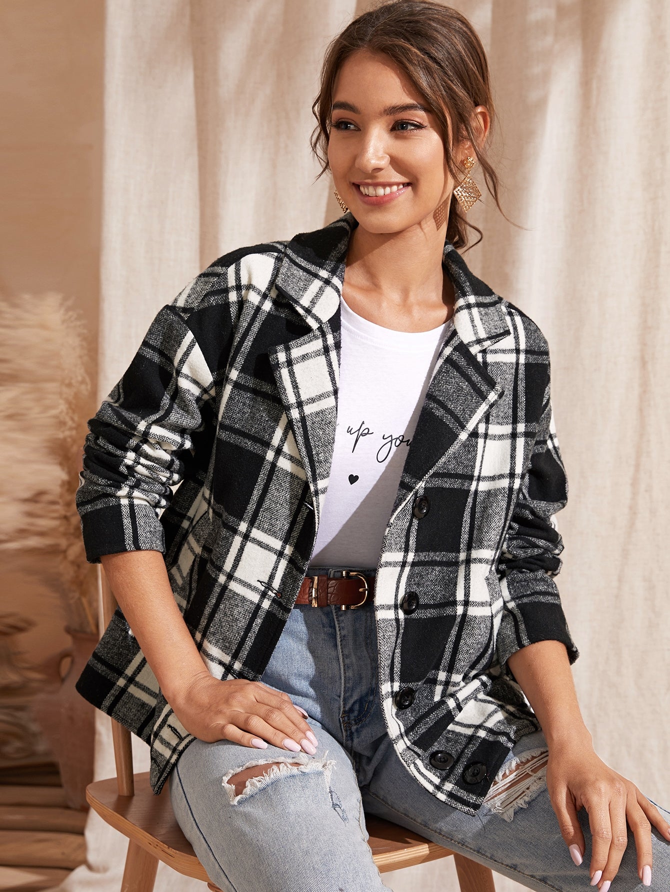 Notched Collar Buttoned Front Plaid Coat