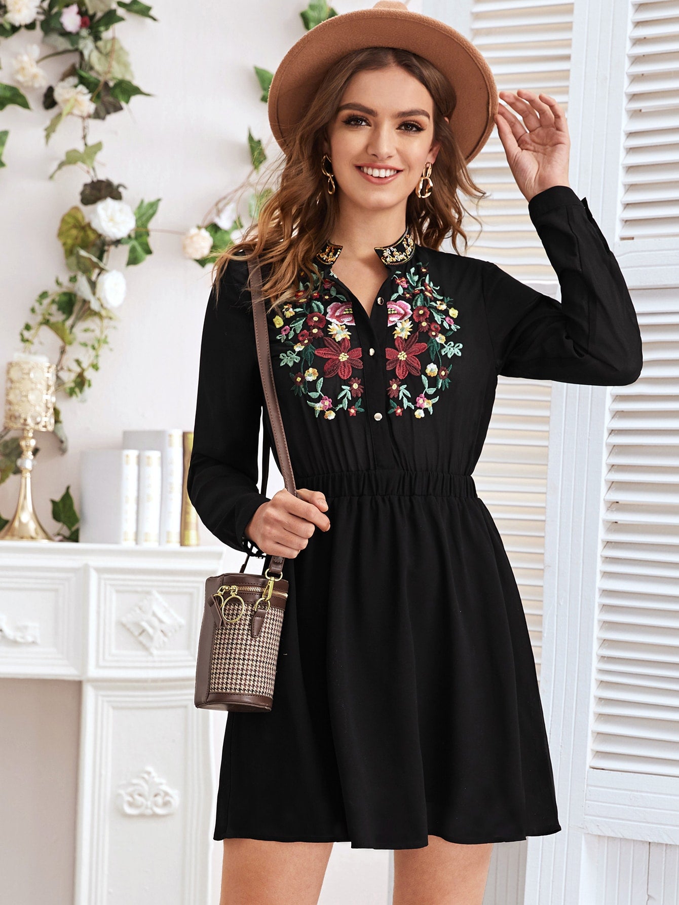 Notched Collar Floral Embroidery Dress