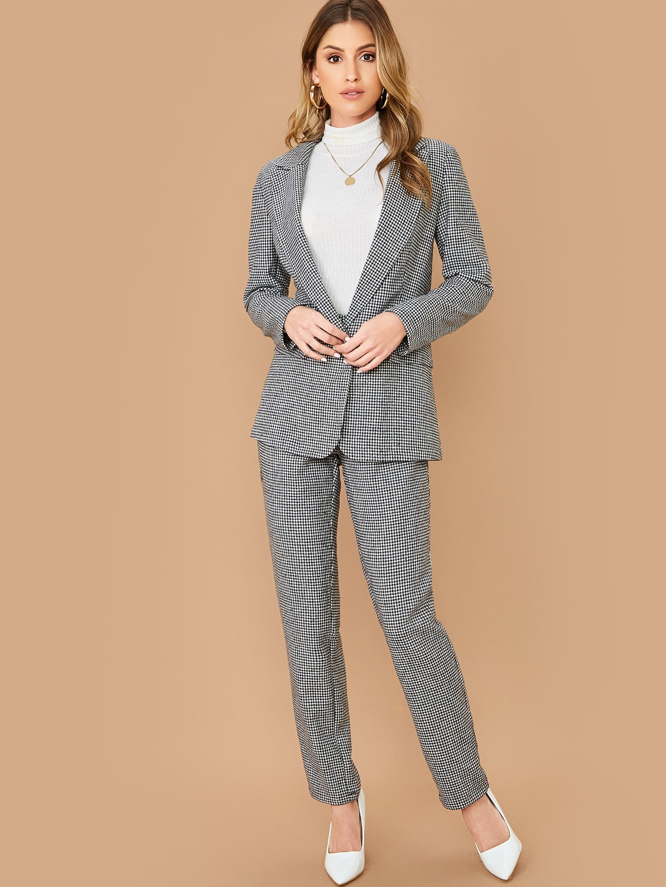 Notched Collar Houndstooth Blazer & Pants Set