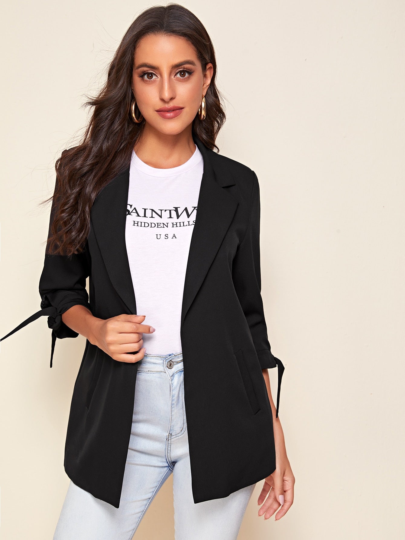 Notched Collar Knot Cuff Blazer