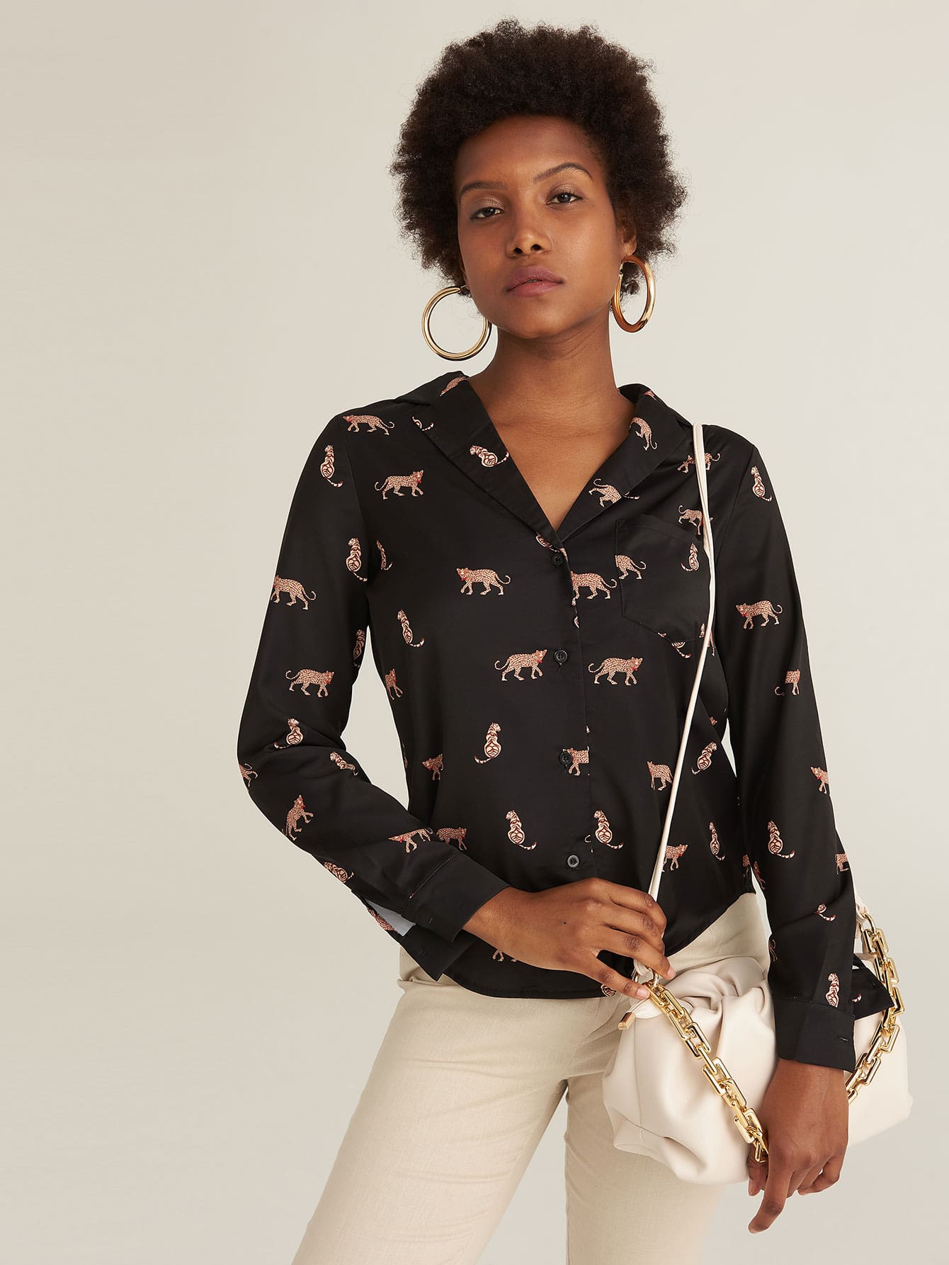 Notched Collar Patch Pocket Animal Print Blouse