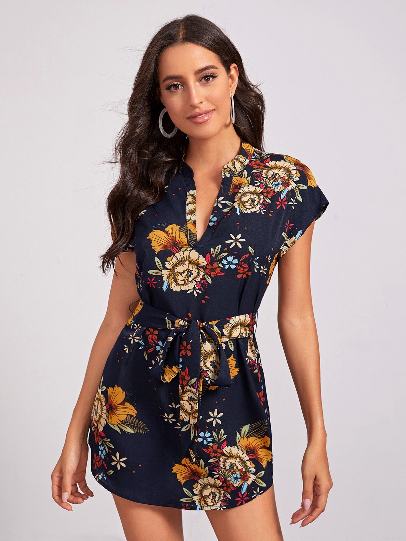 Notched Collar Self Belt Curved Hem Floral Dress