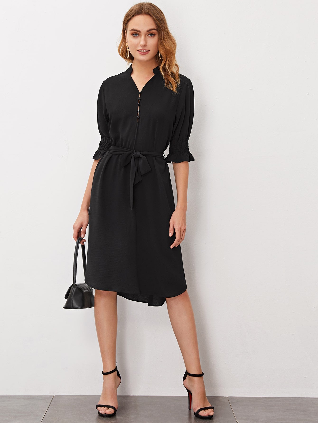 Notched Neck Belted Midi Shirt Dress