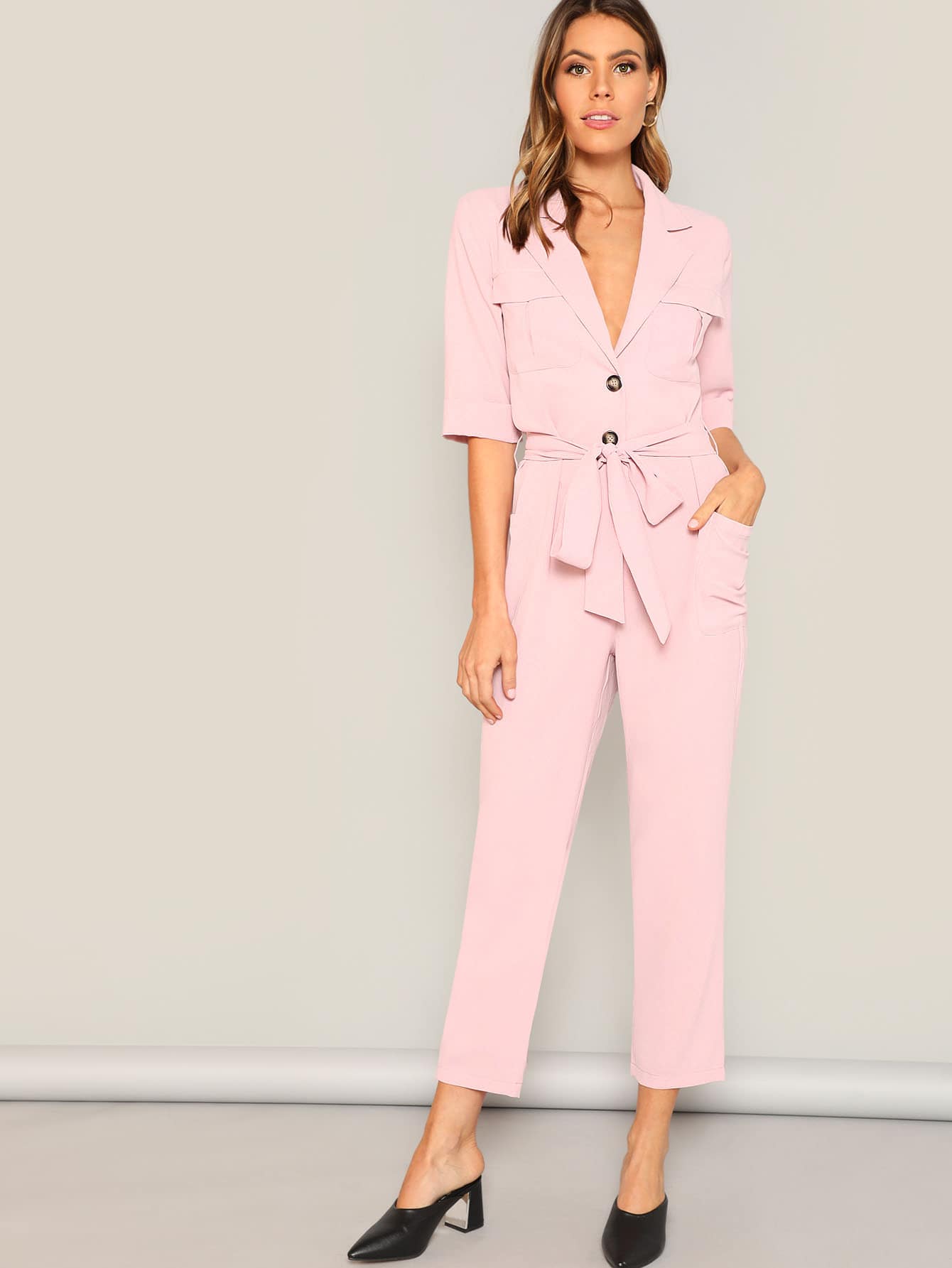 Notched Neck Buttoned Pocket Patched Belted Jumpsuit