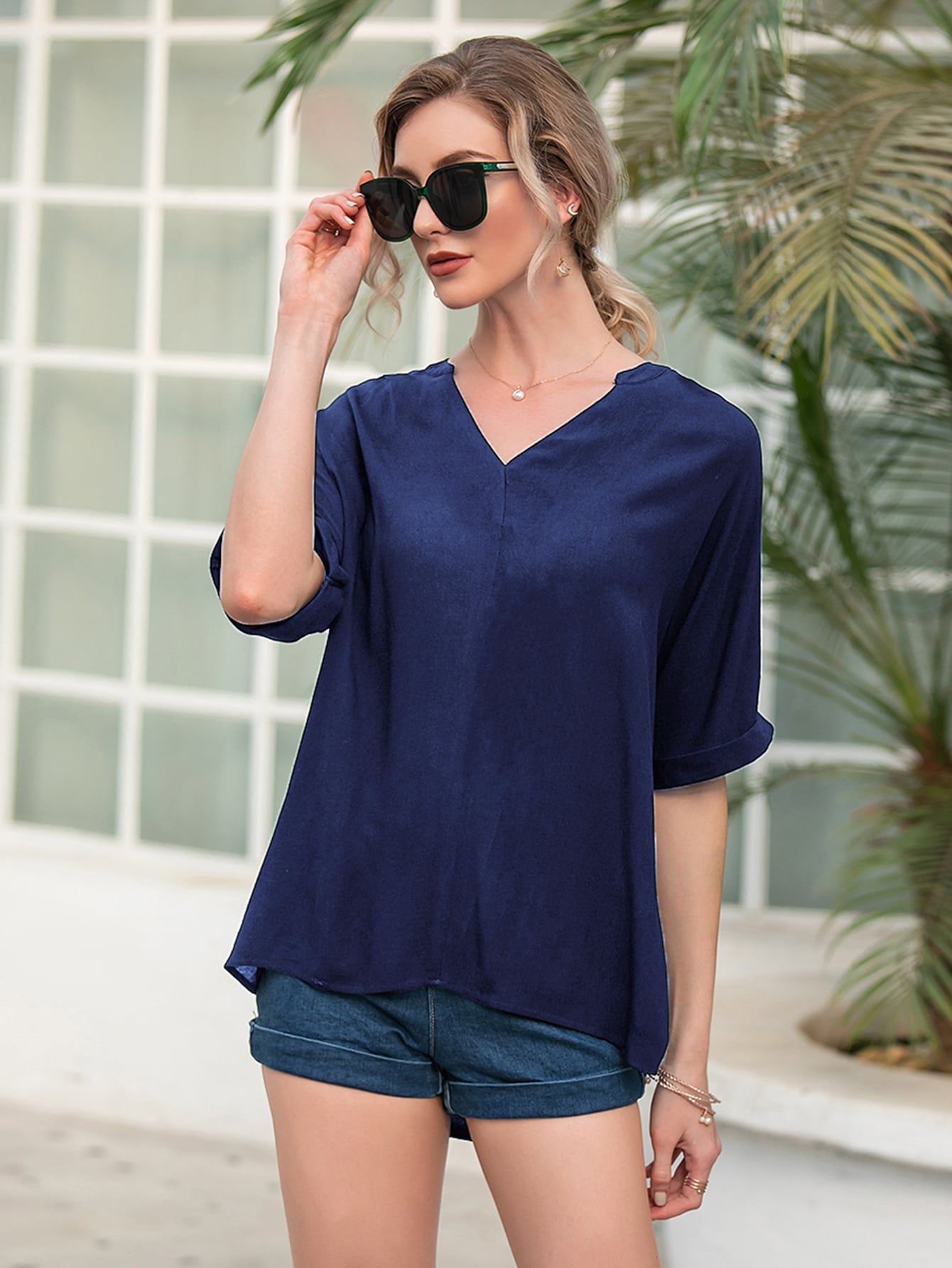 Notched Neck High Low Blouse