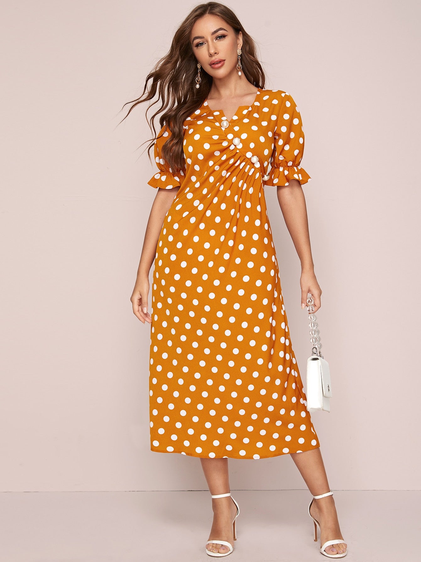 Notched Neck Ruched Buttoned Front Polka Dot Dress