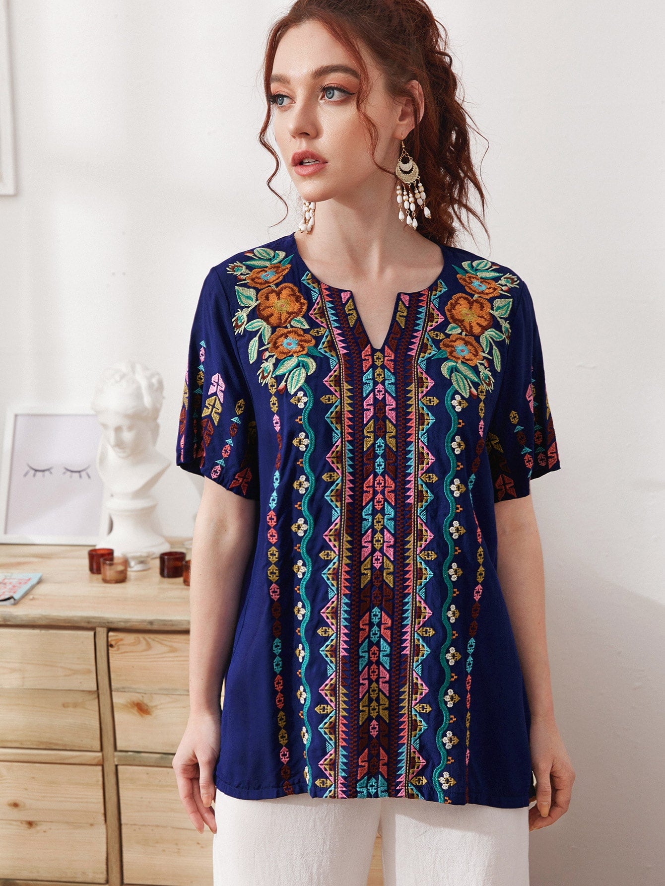 Notched Neck Tribal Embroidery Blouse