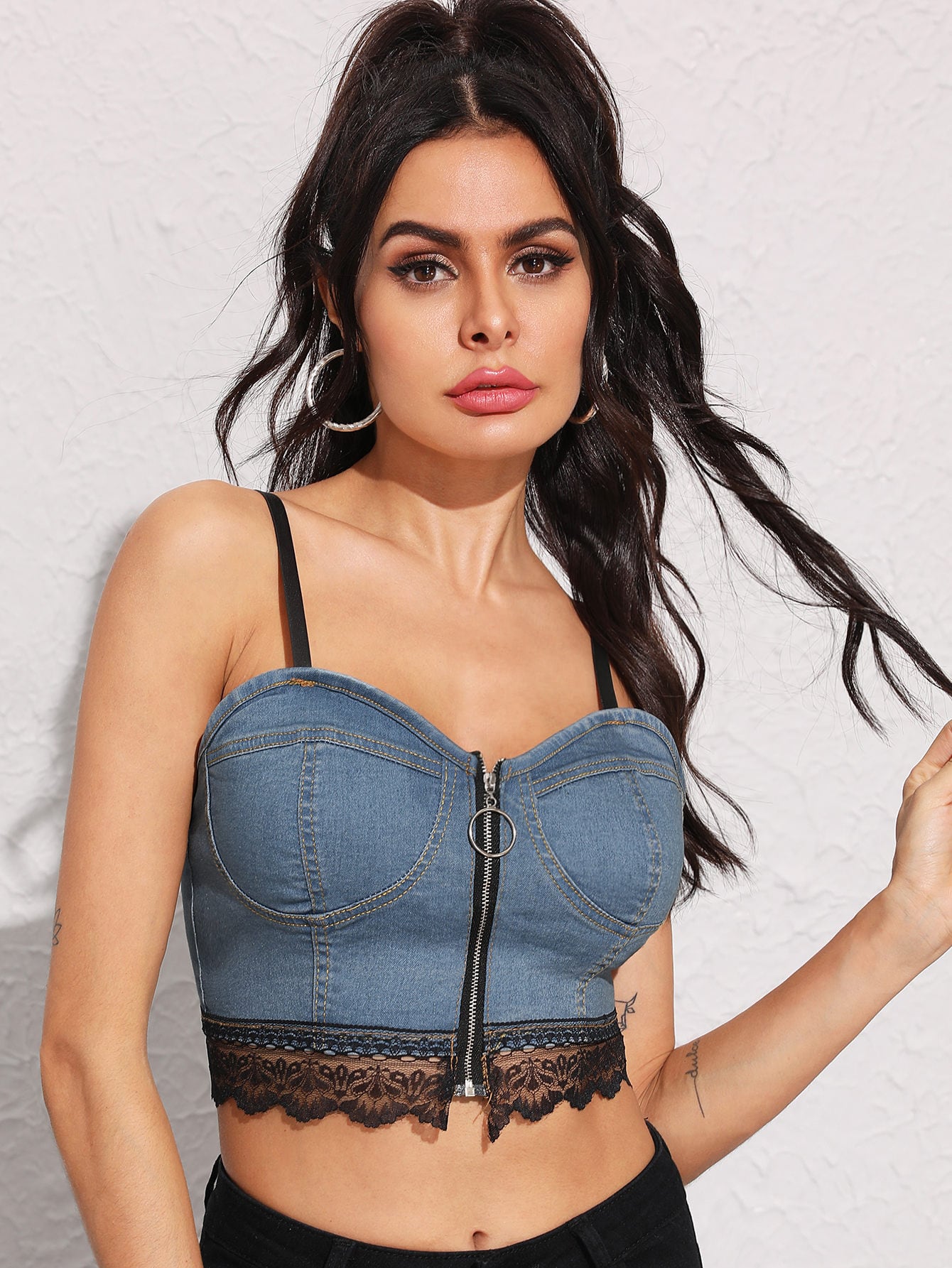 O-ring Zip Front Lace Hem Bustier Cami Denim Top