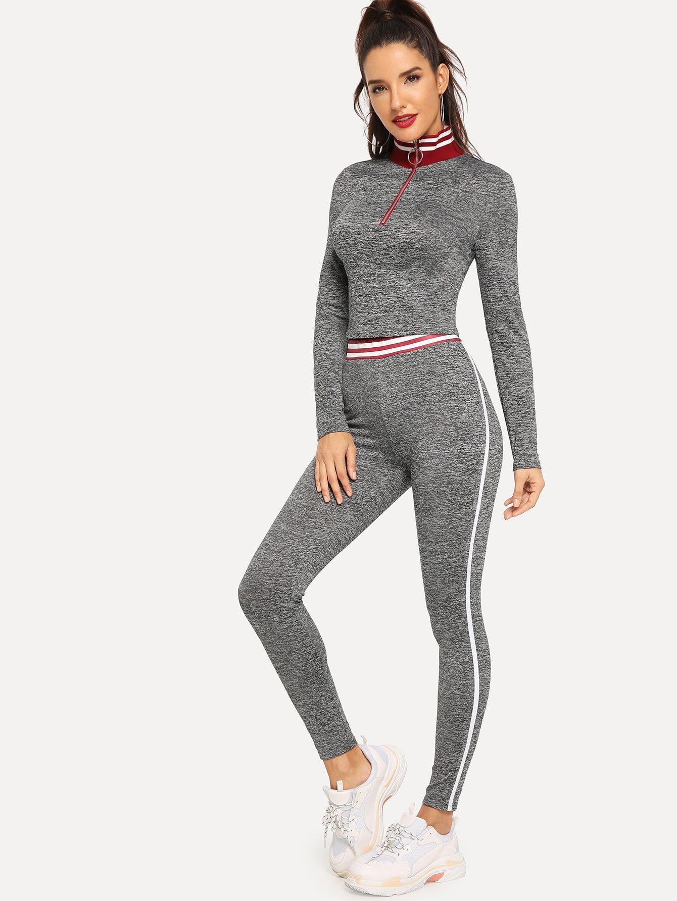 O-Ring Zip Half Placket Heathered Knit Top and Leggings Set