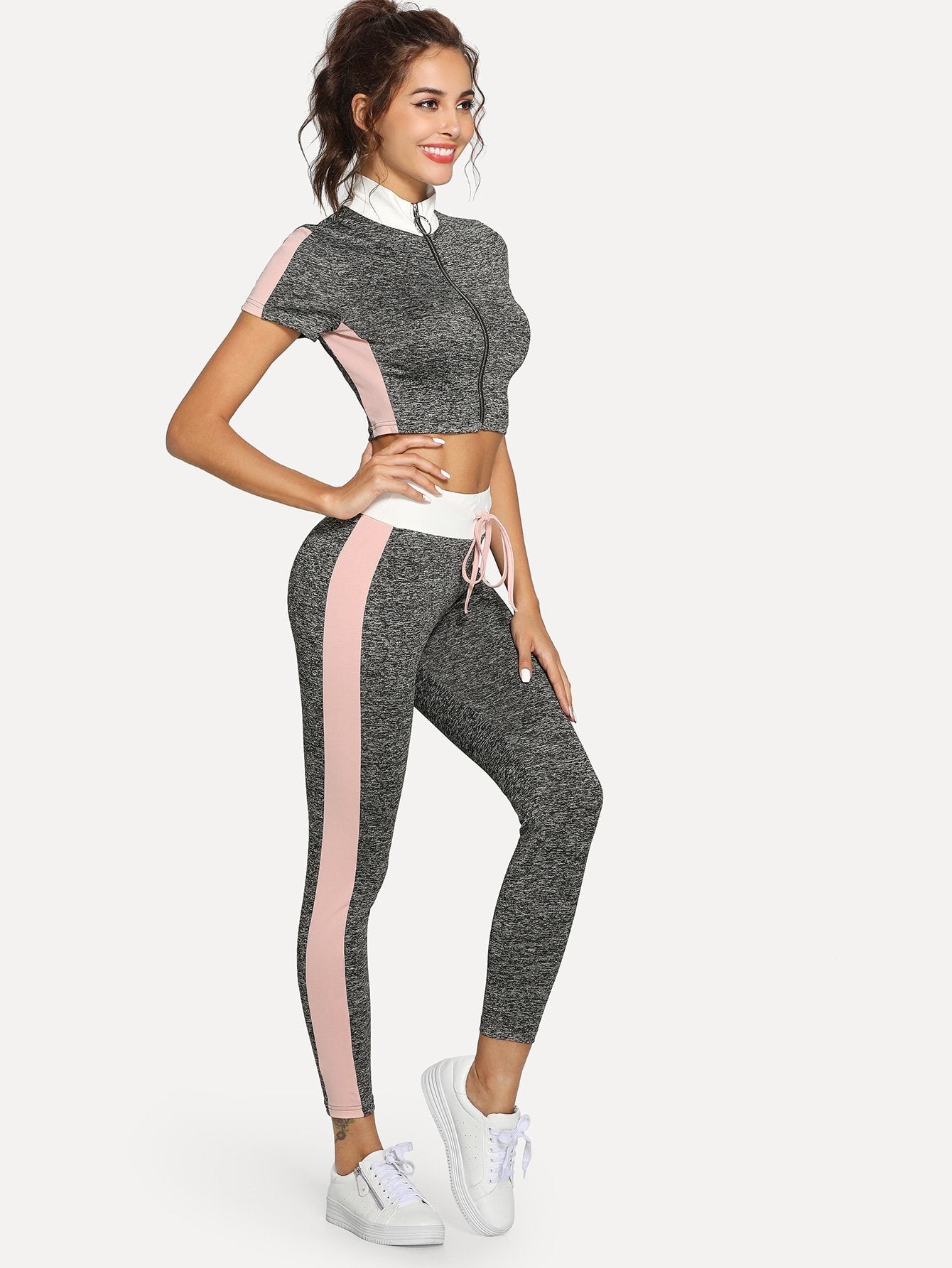 O-Ring Zip Up Crop Top and Wide Waist Leggings Set