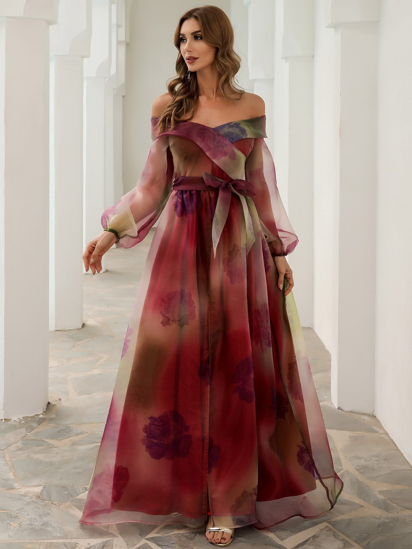 Off Shoulder Belted Floral Ombre Mesh Prom Dress