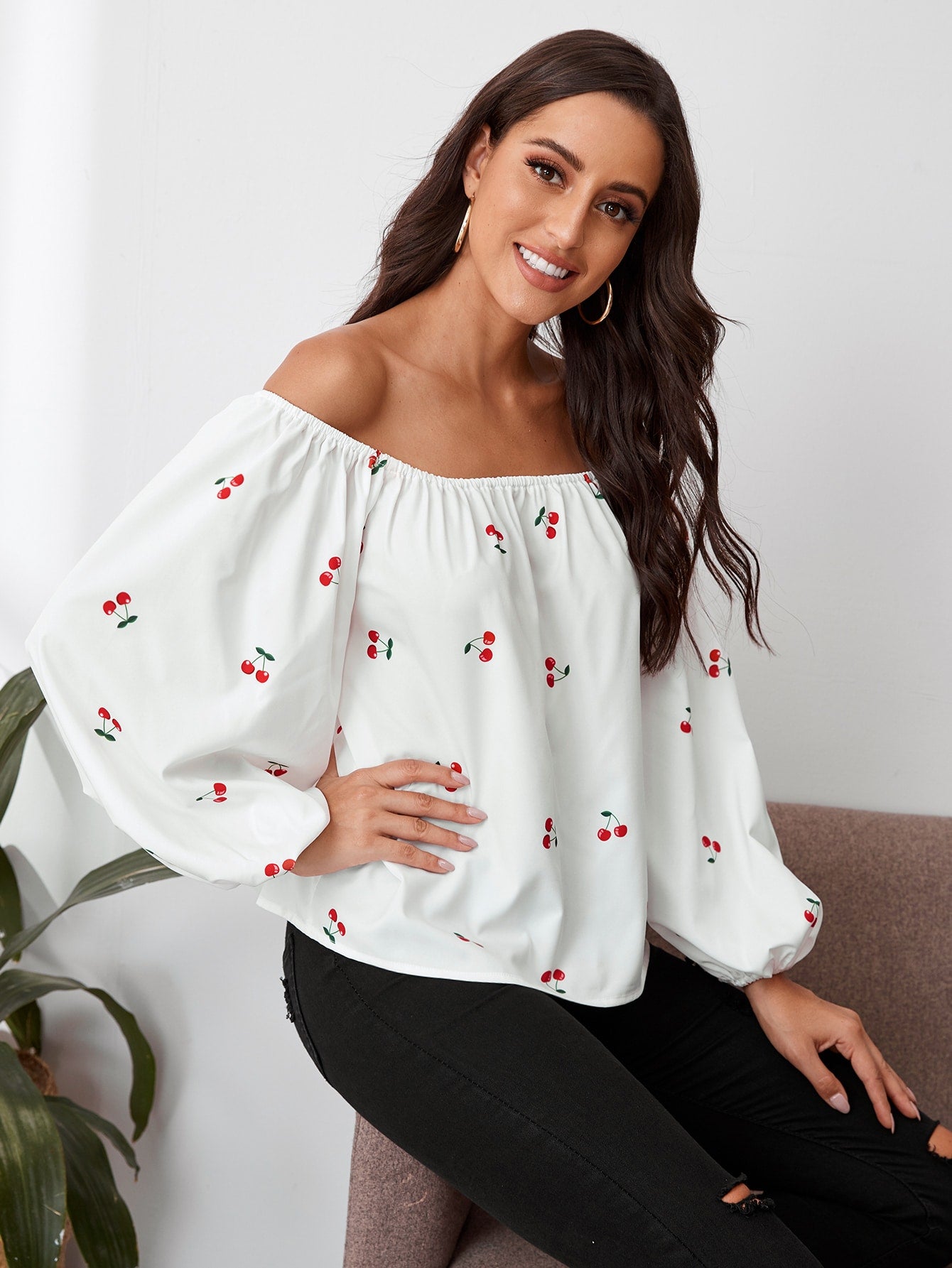 Off Shoulder Cherry Print Top