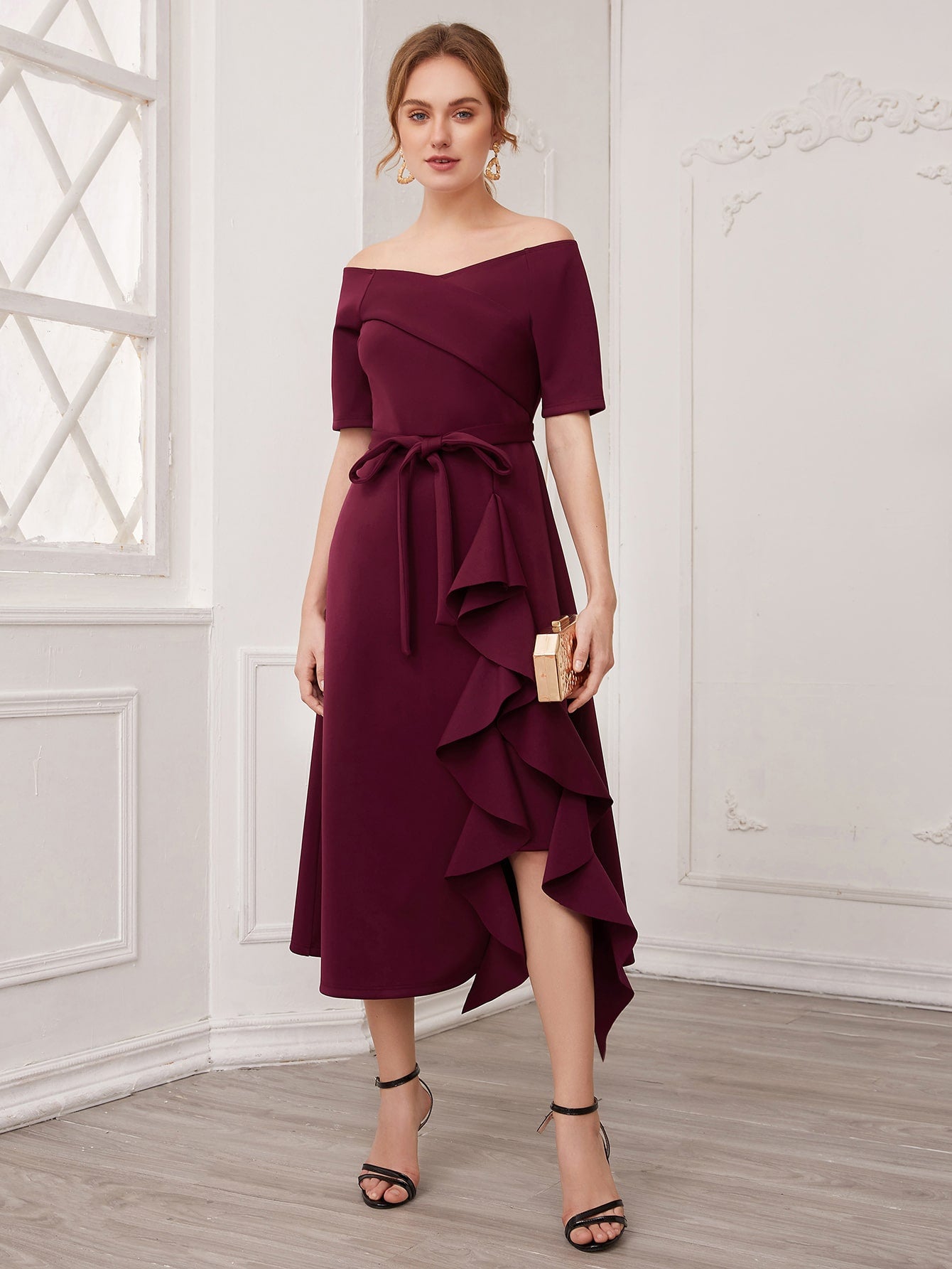 Off Shoulder Cross Wrap Front Self Belted Ruffle Trim Dress