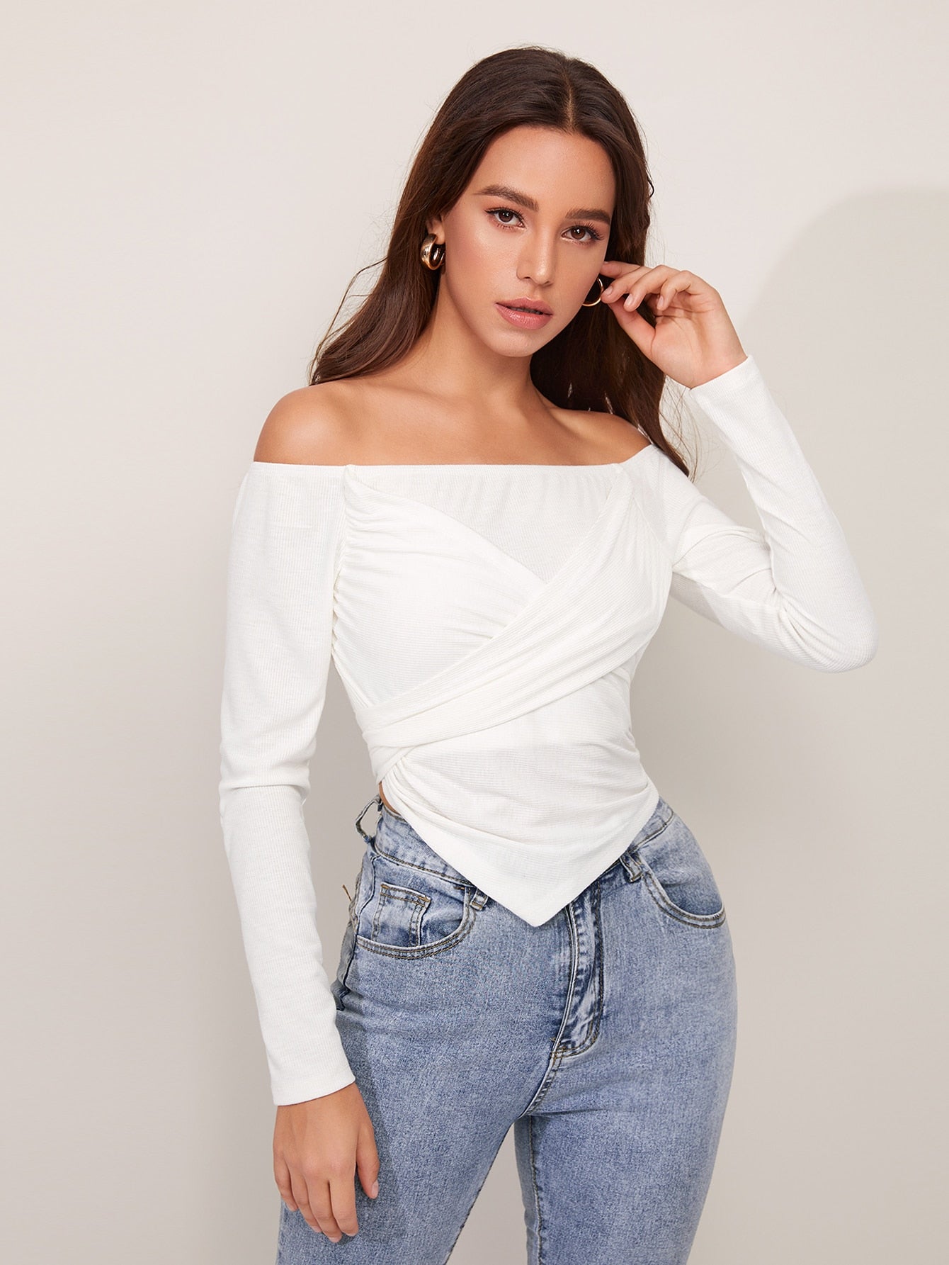 Off Shoulder Cross Wrap Front Tie Back Asymmetrical Top