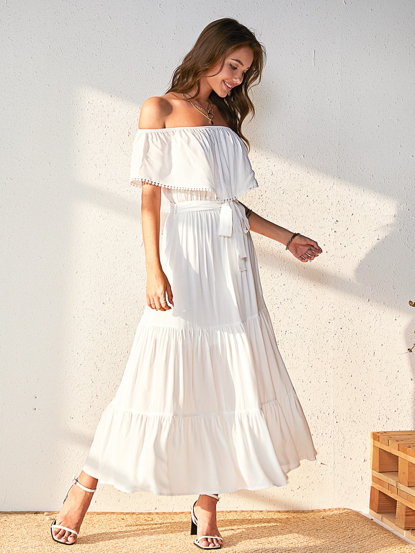 Off Shoulder Flippy Hem Belted Dress