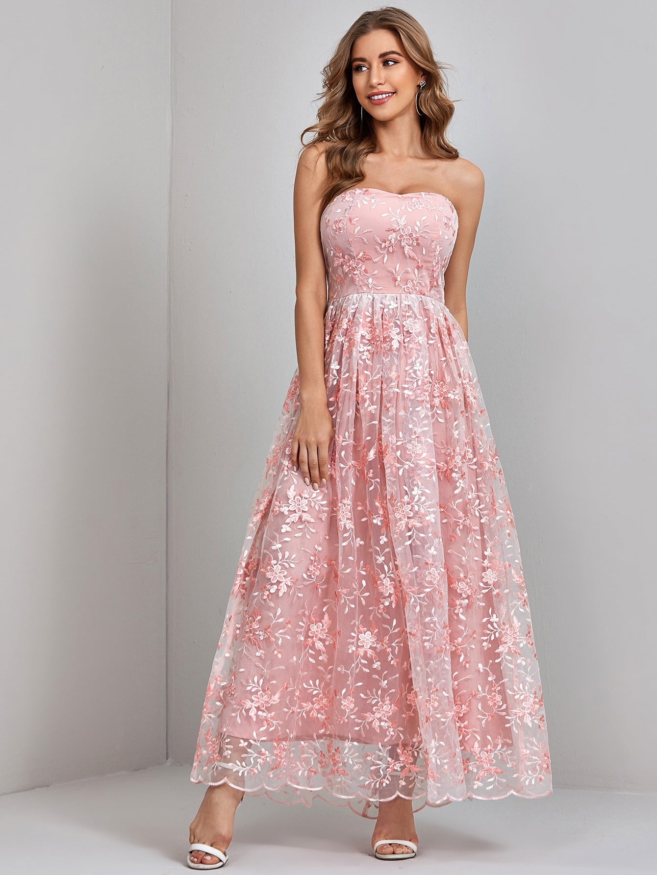 Off Shoulder Floral Embroidery Organza Dress