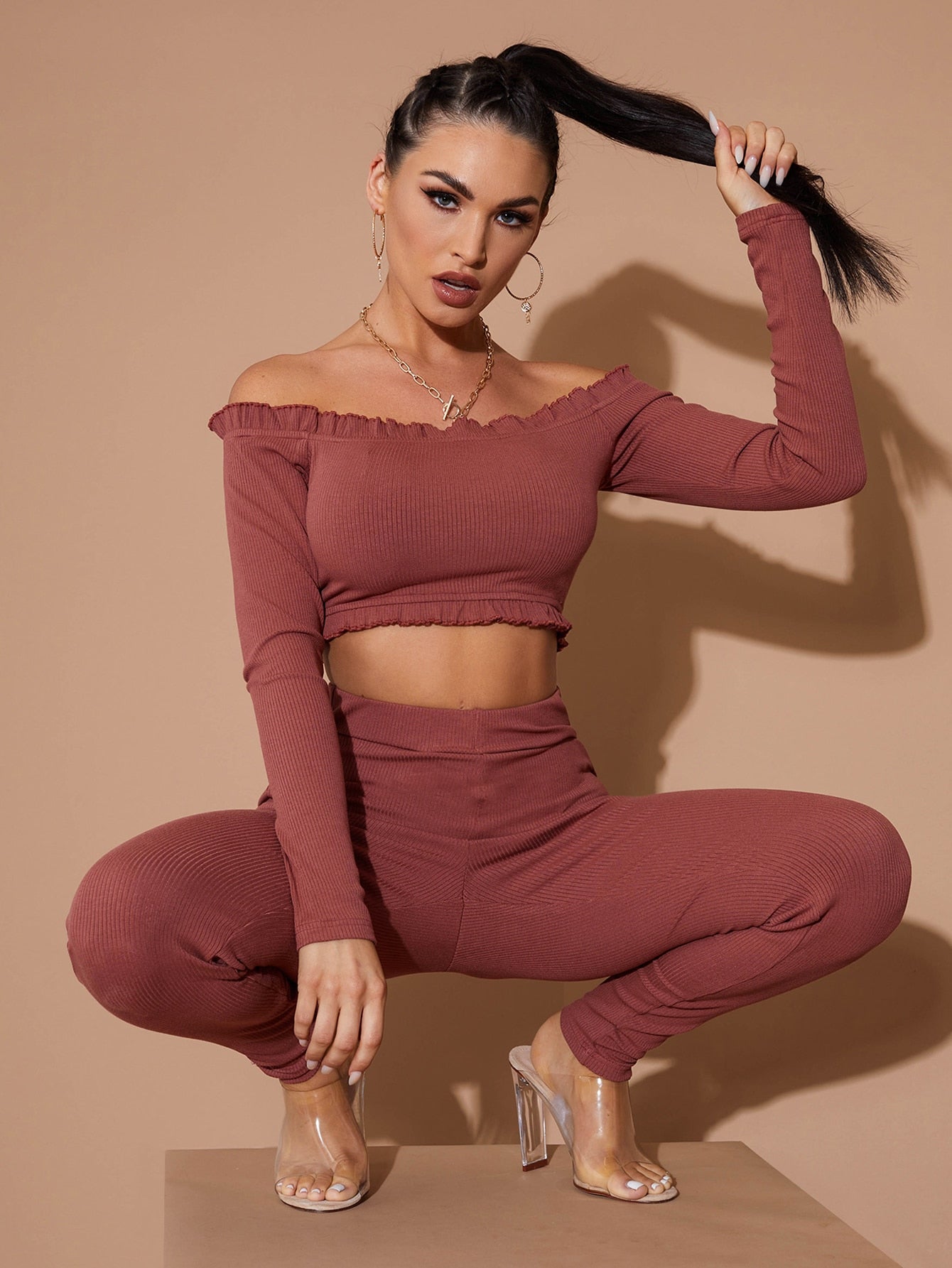 Off Shoulder Frill Trim Rib-knit Crop Top & Leggings Set