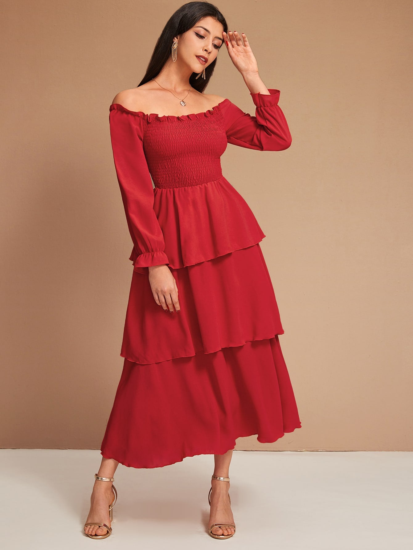 Off Shoulder Frill Trim Shirred Layered Dress