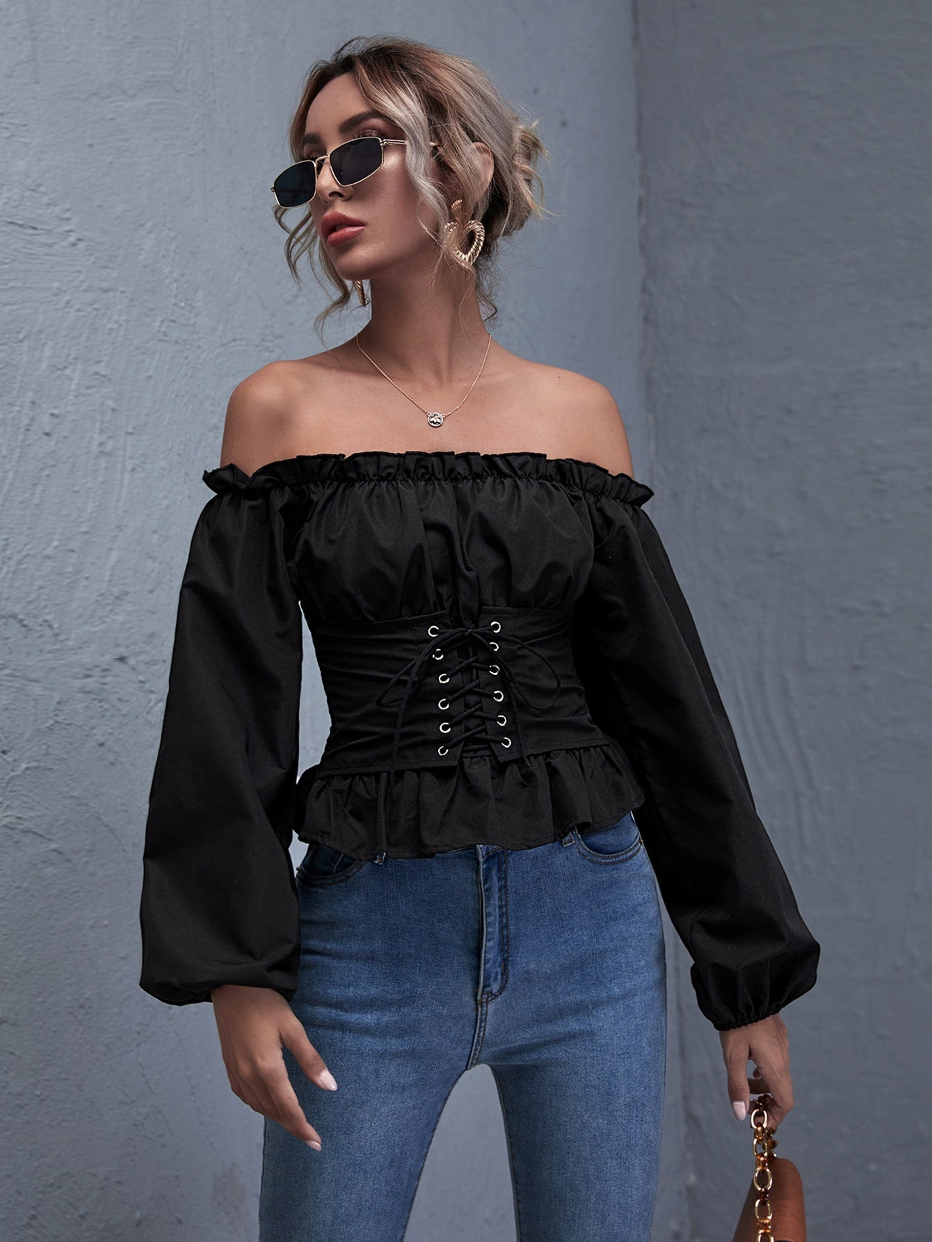 Off Shoulder Lace Up Shirred Back Peplum Top