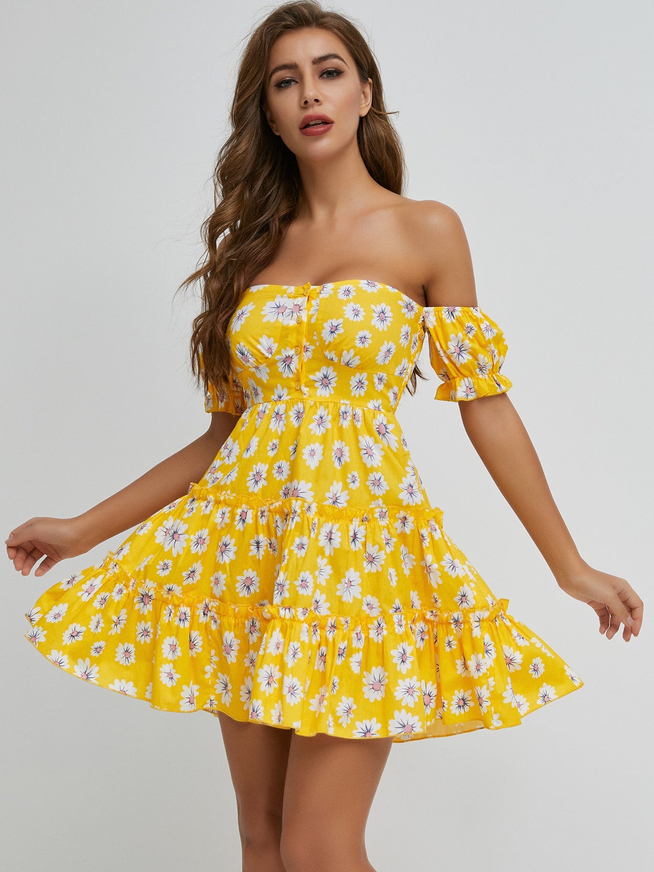 Off Shoulder Layered Hem Floral Print Dress