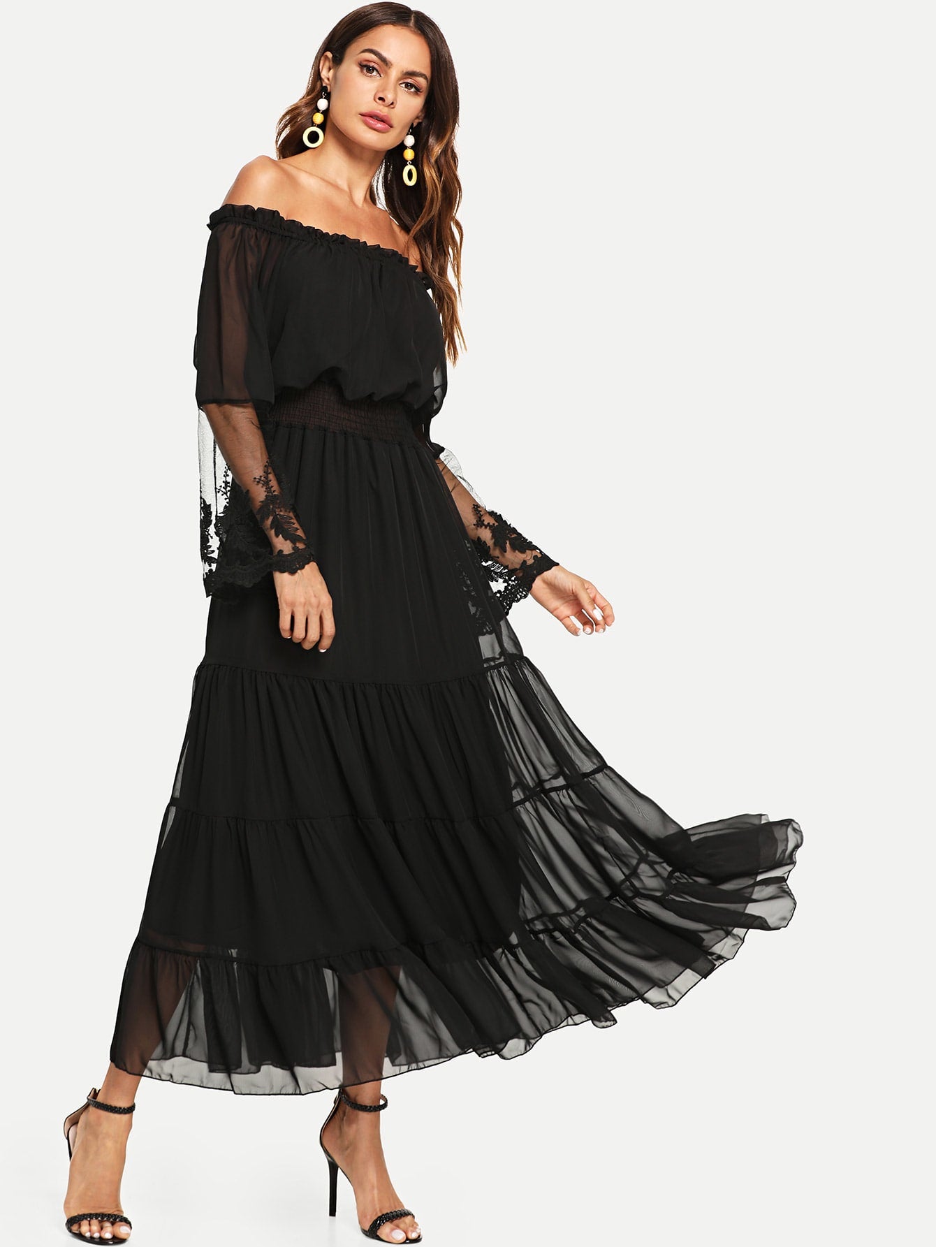 Off Shoulder Mesh Overlay Tiered Dress