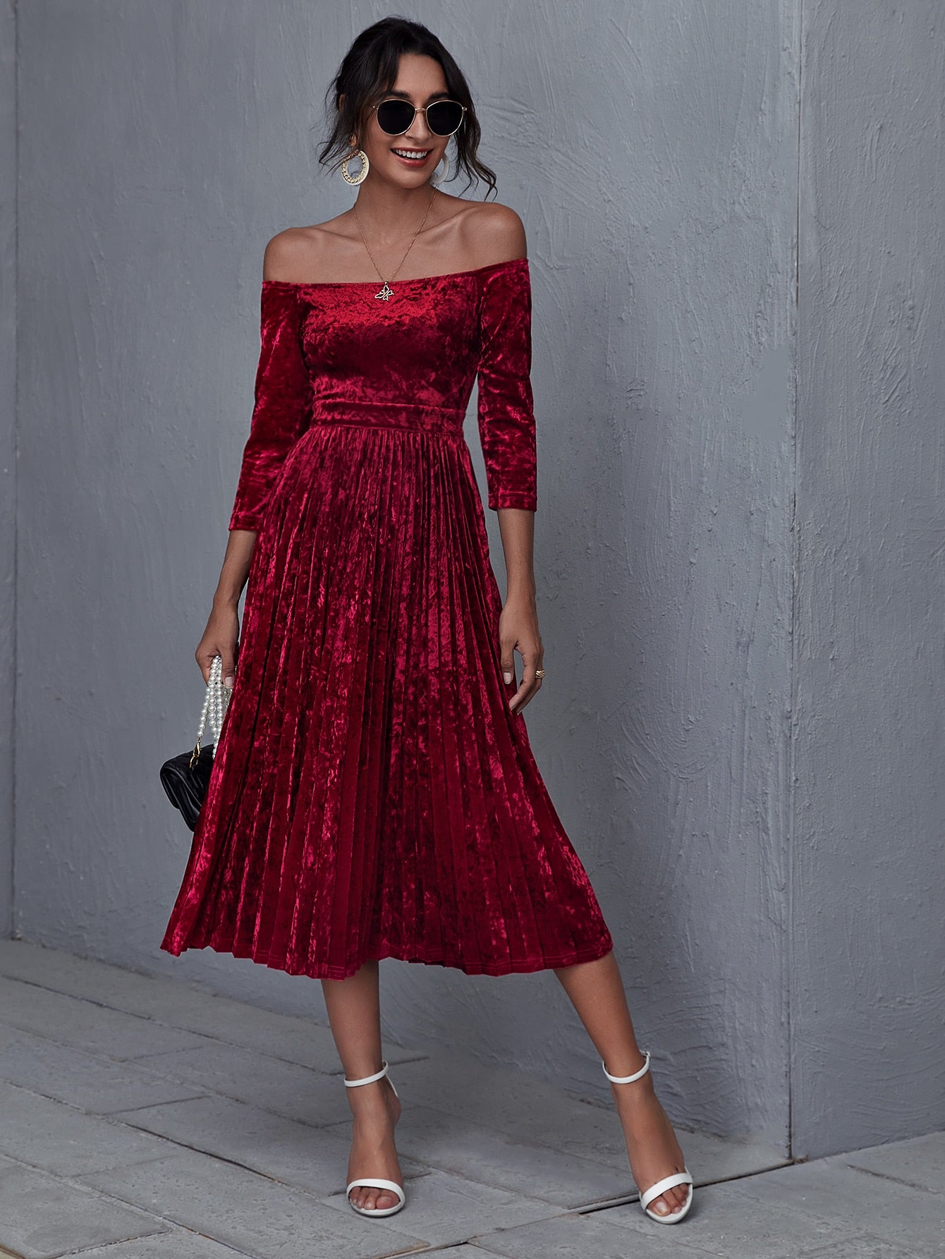 Off Shoulder Pleated Hem Velvet Dress