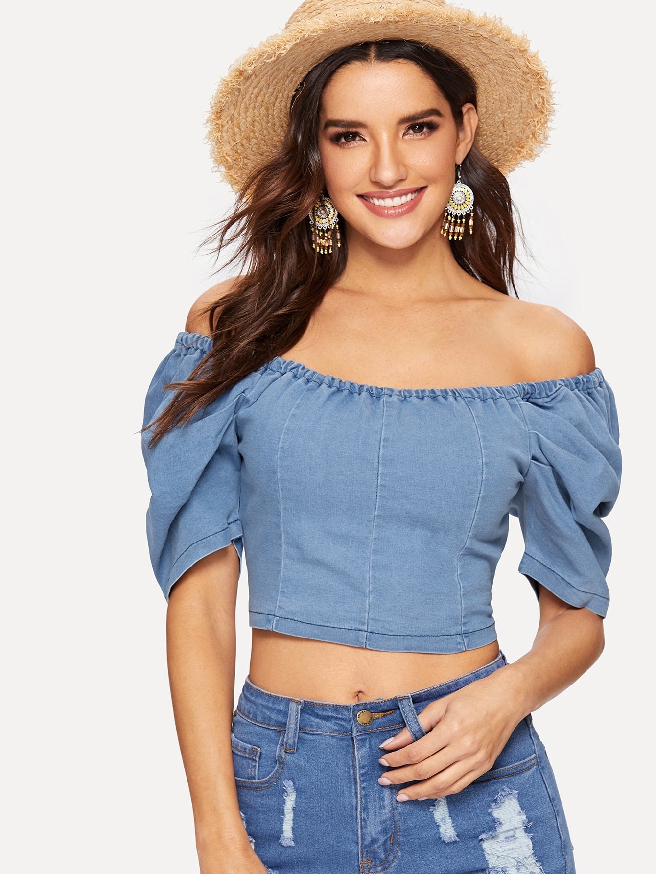 Off Shoulder Puff Sleeve Crop Denim Top