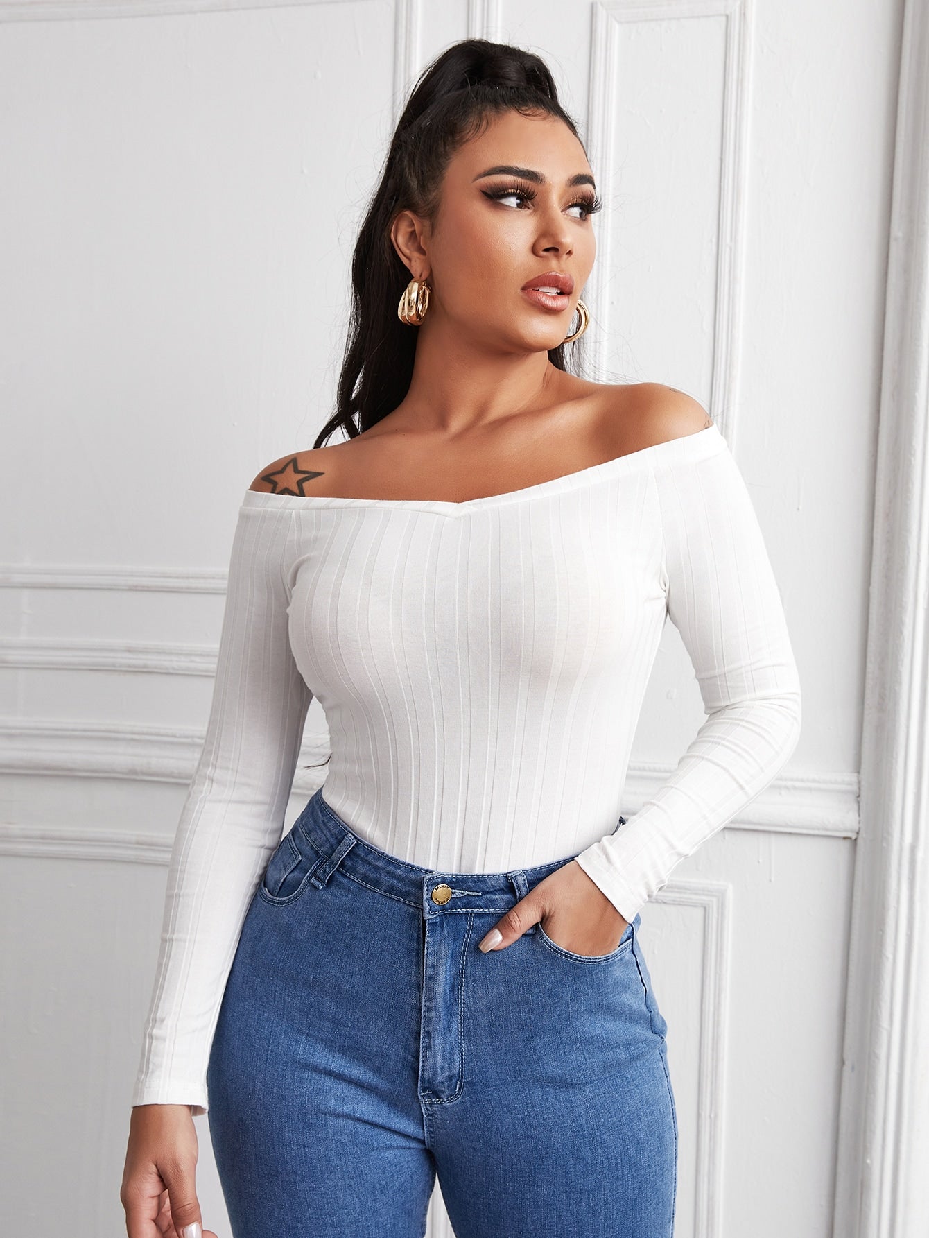 Off Shoulder Rib-knit Tee