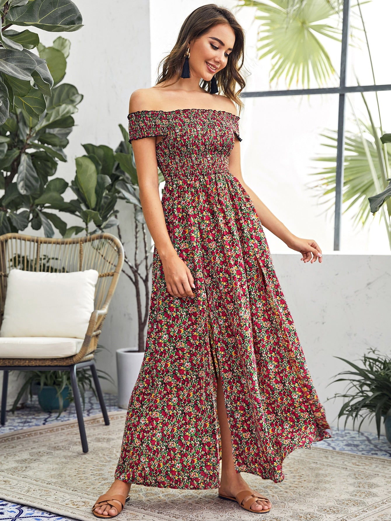 Off Shoulder Shirred Bodice Split Hem Ditsy Floral Dress