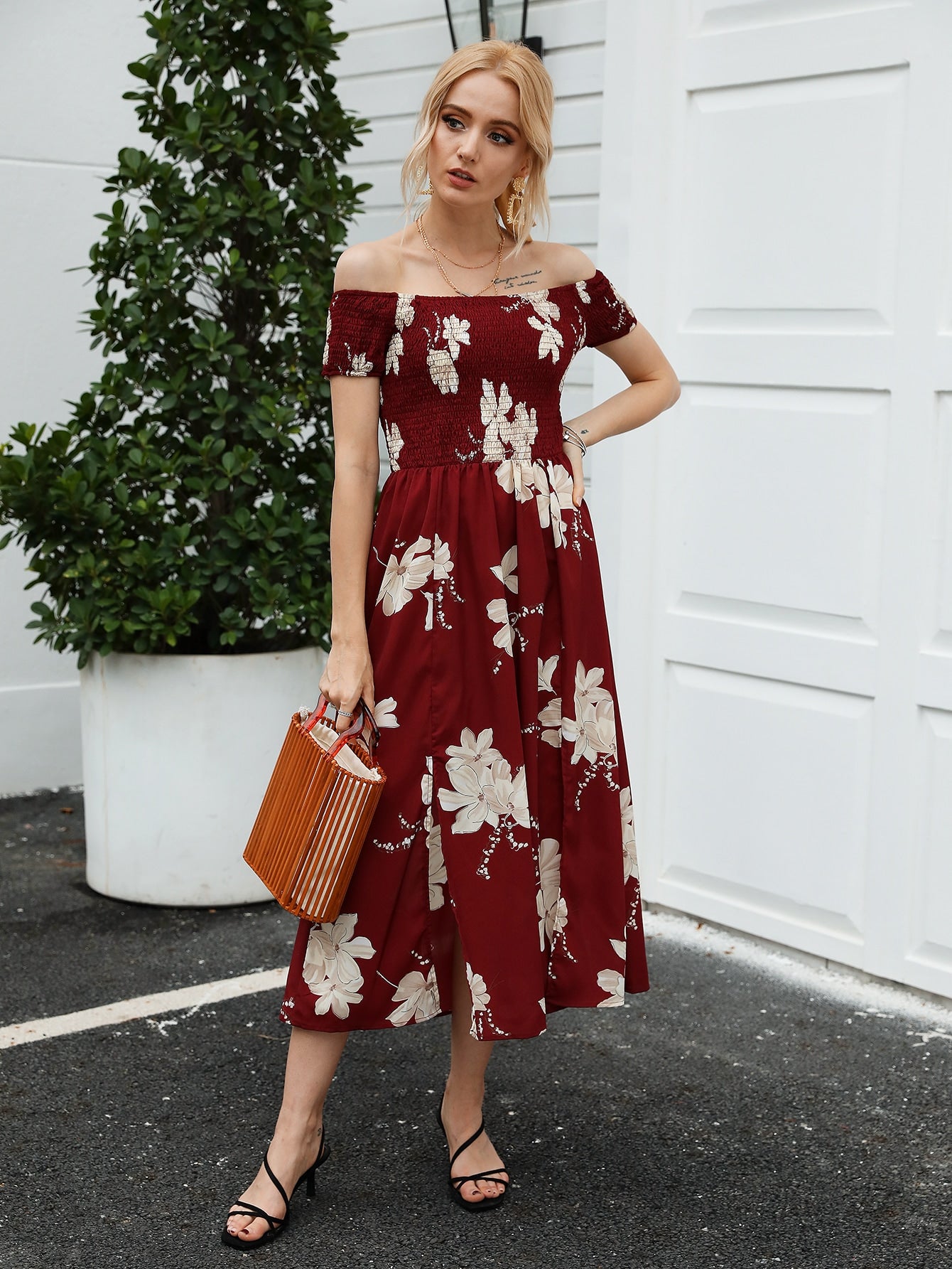 Off Shoulder Shirred Detail Floral Print Split Hem Dress