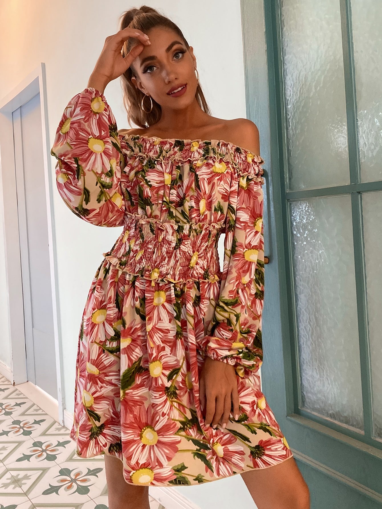 Off Shoulder Shirred Waist Floral Dress