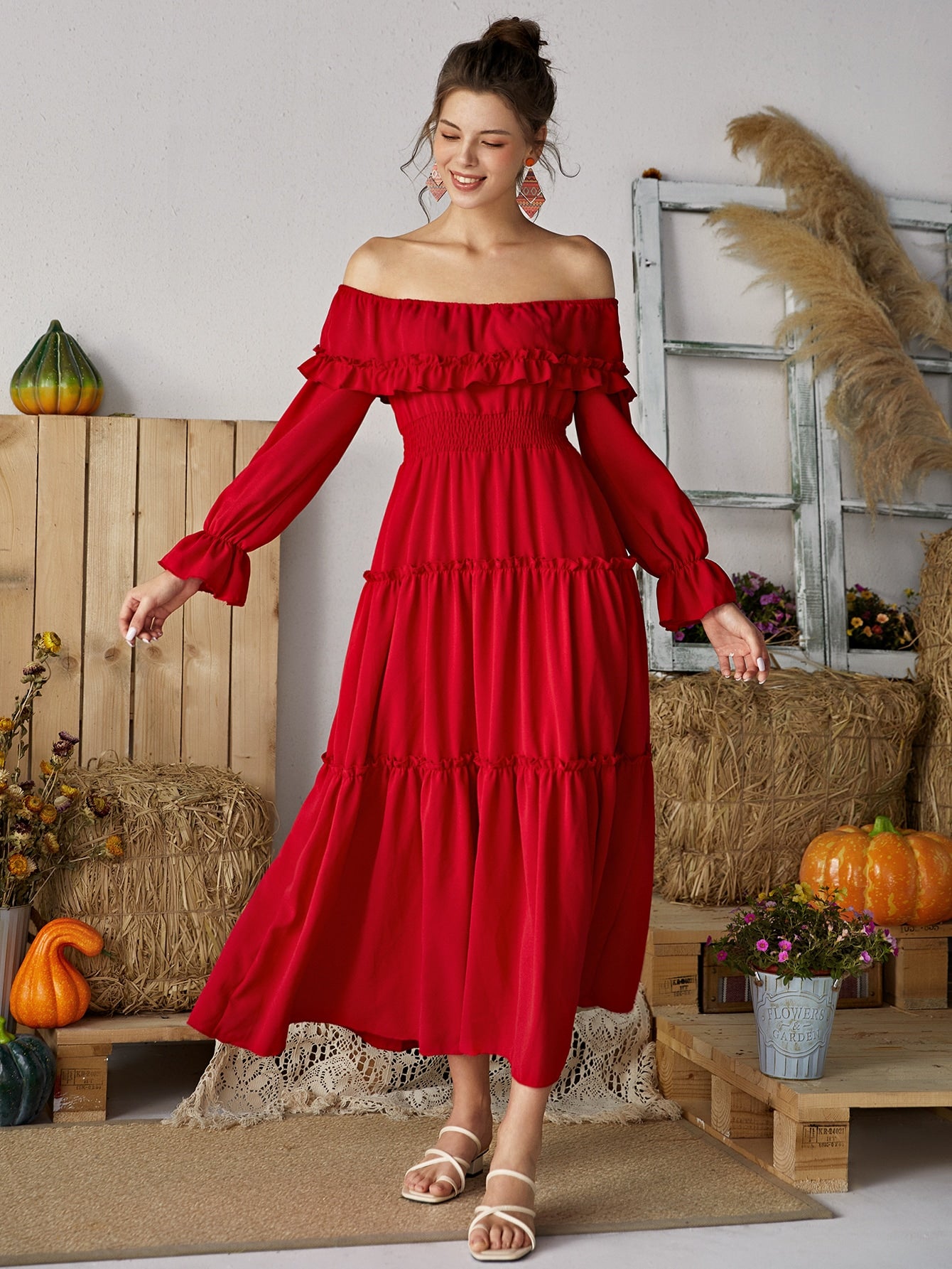 Off Shoulder Shirred Waist Frill Trim Dress