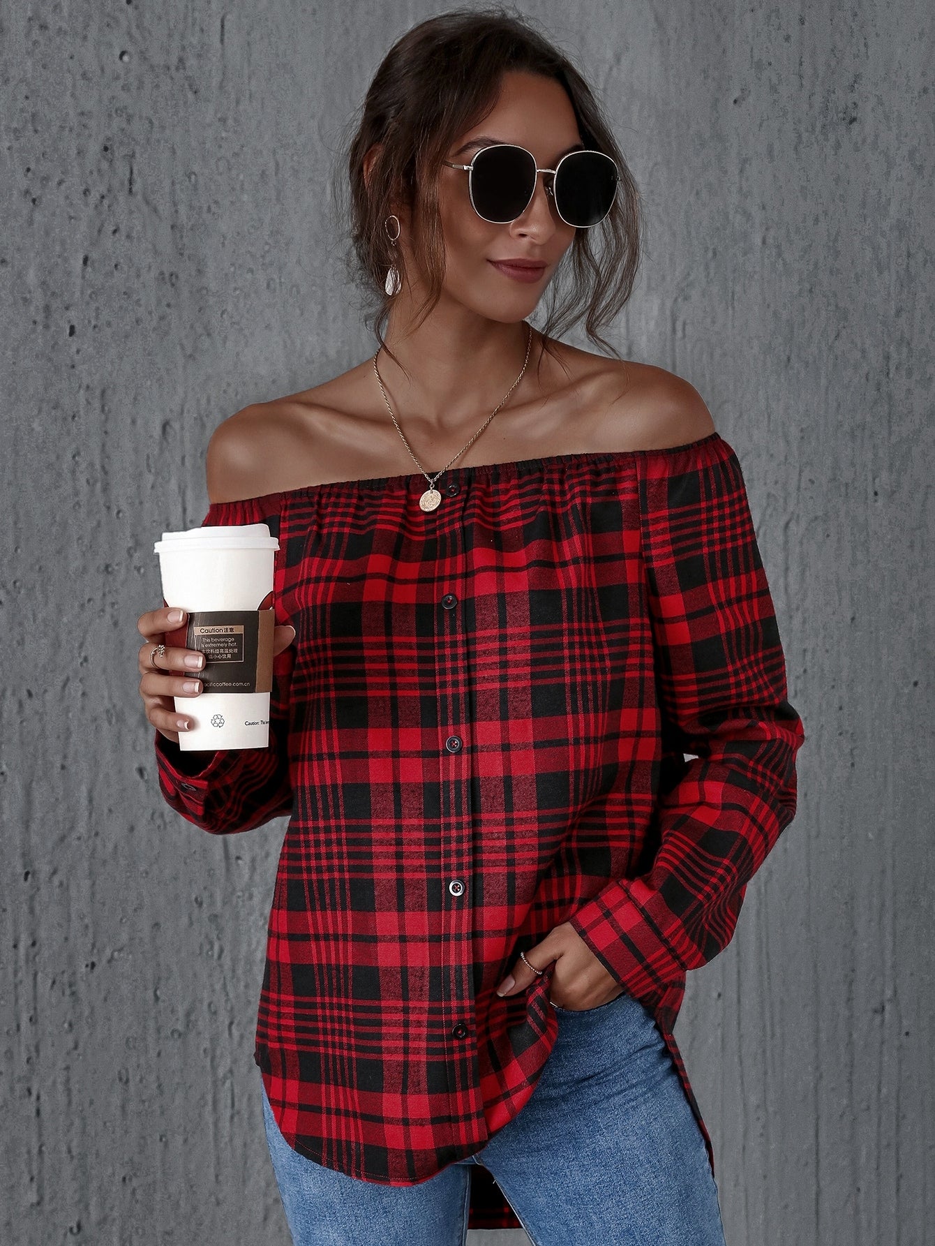 Off Shoulder Tartan Top