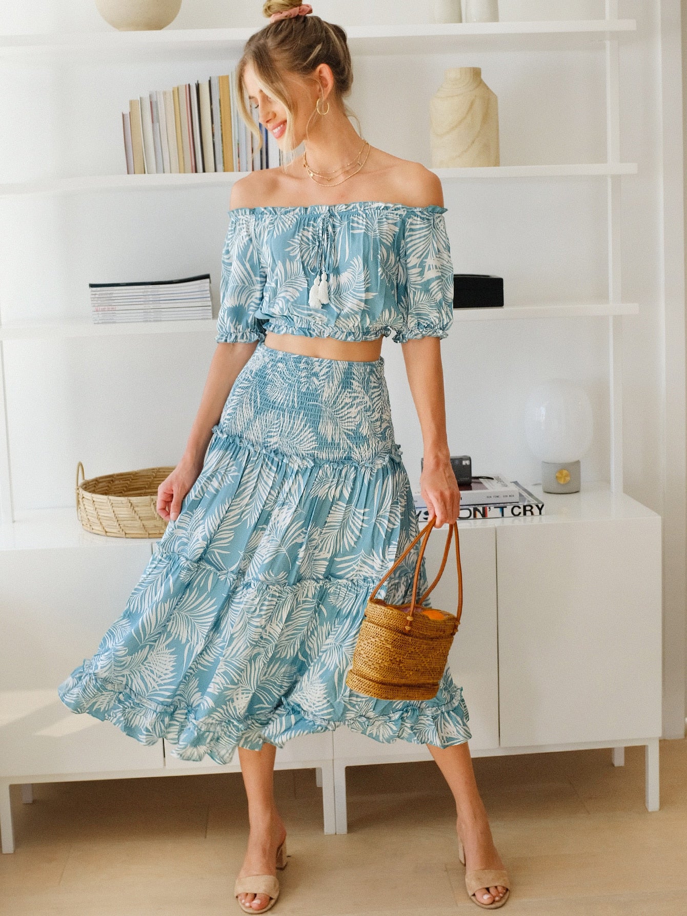 Off Shoulder Tassel Detail Crop Top & Shirred Panel Skirt Set