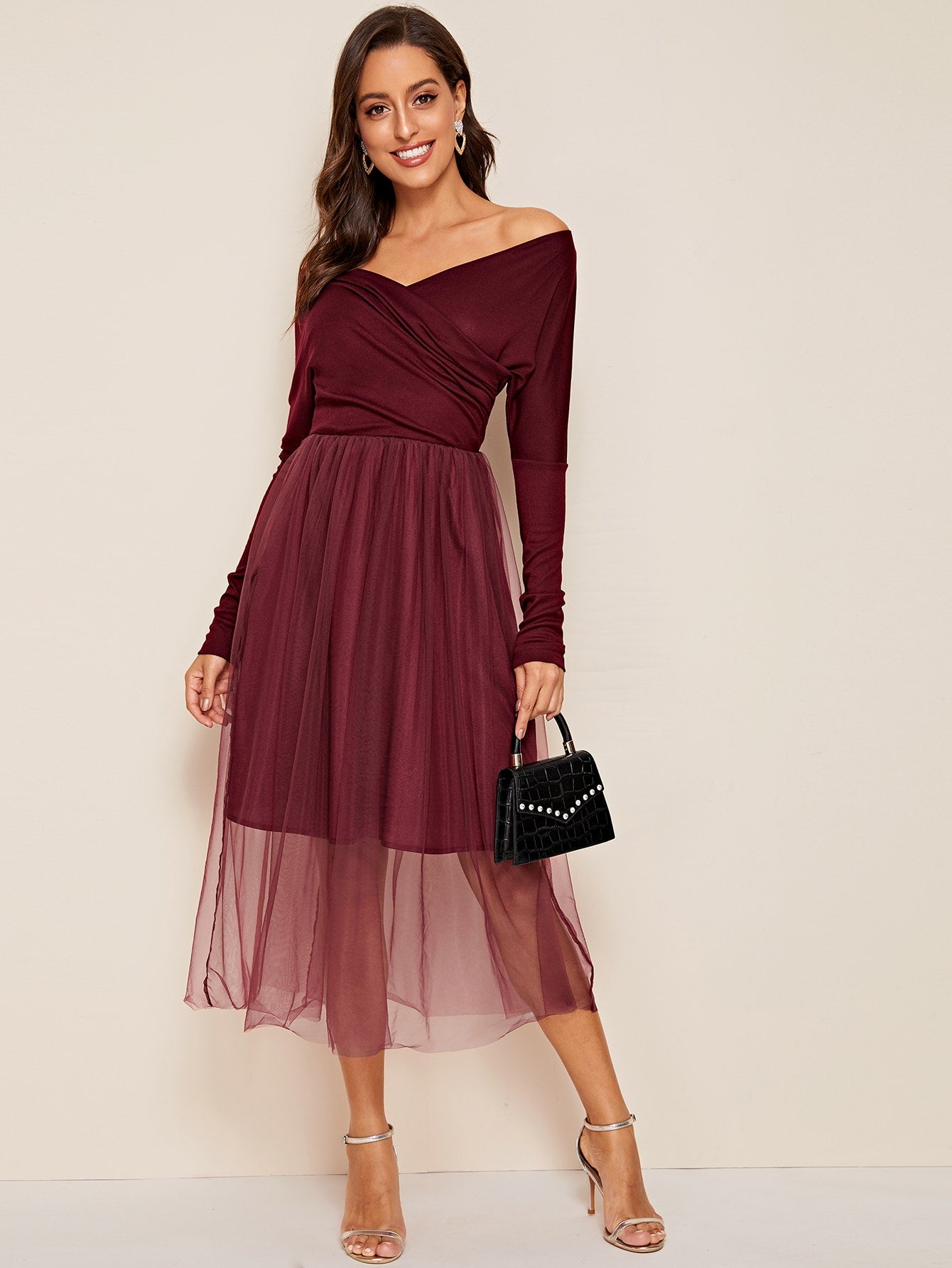 Off Shoulder Wrap Front Mesh Overlay Dress