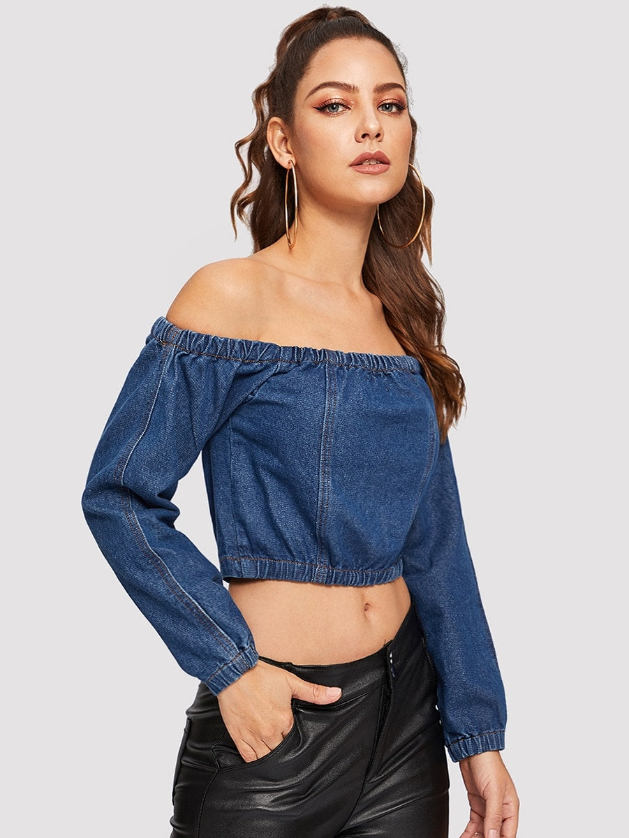 Off Shoulder Zip Back Denim Top