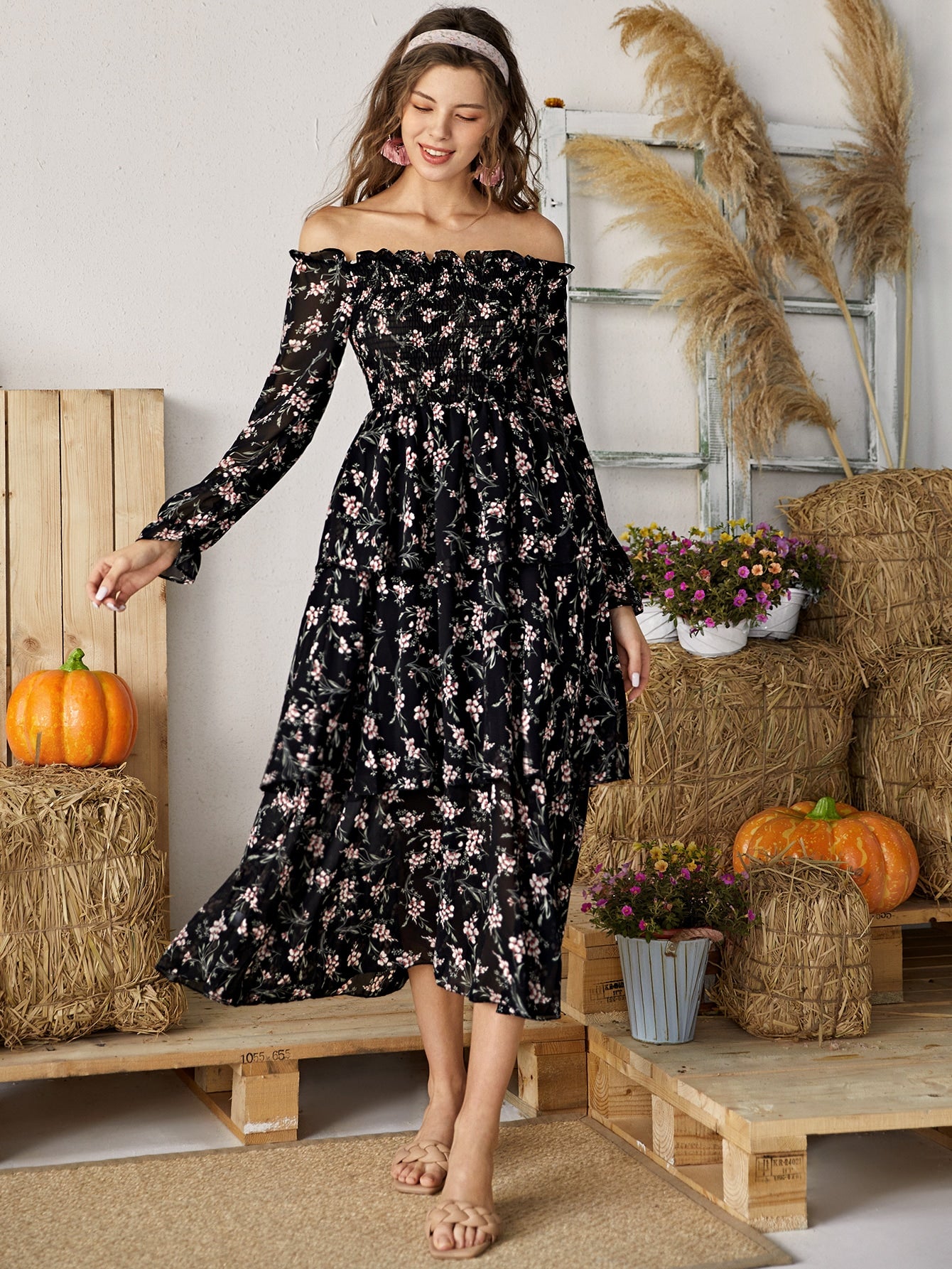 Off-the-shoulder Allover Floral Frill Dress