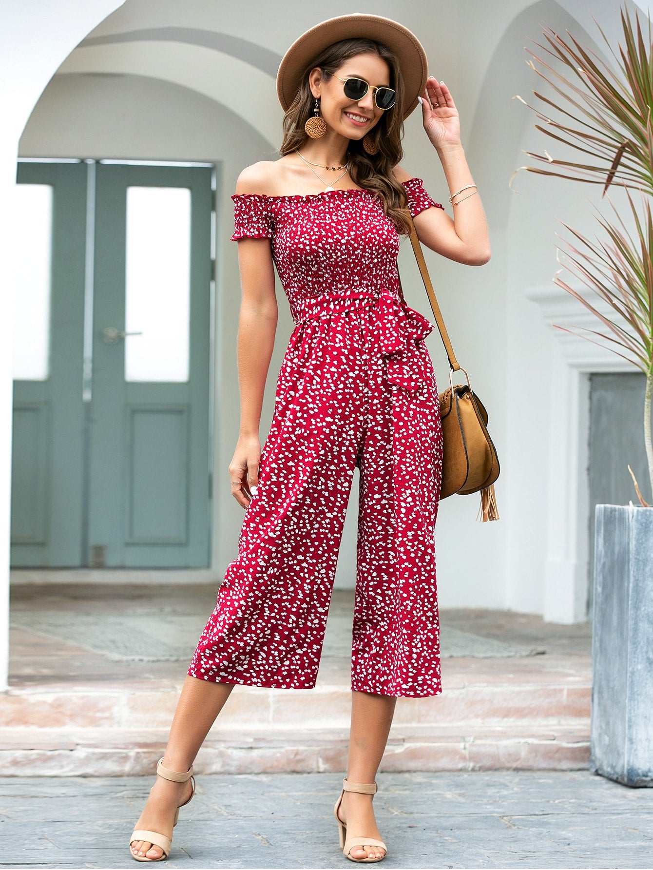 Off The Shoulder Ditsy Floral Shirred Belted Jumpsuit