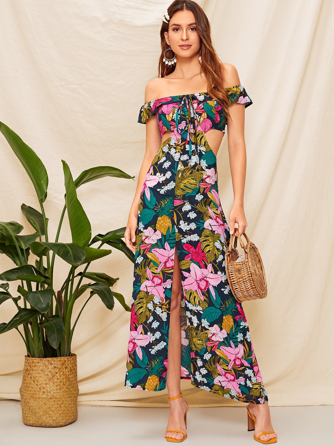 Off The Shoulder Floral Print Cut Out Dress