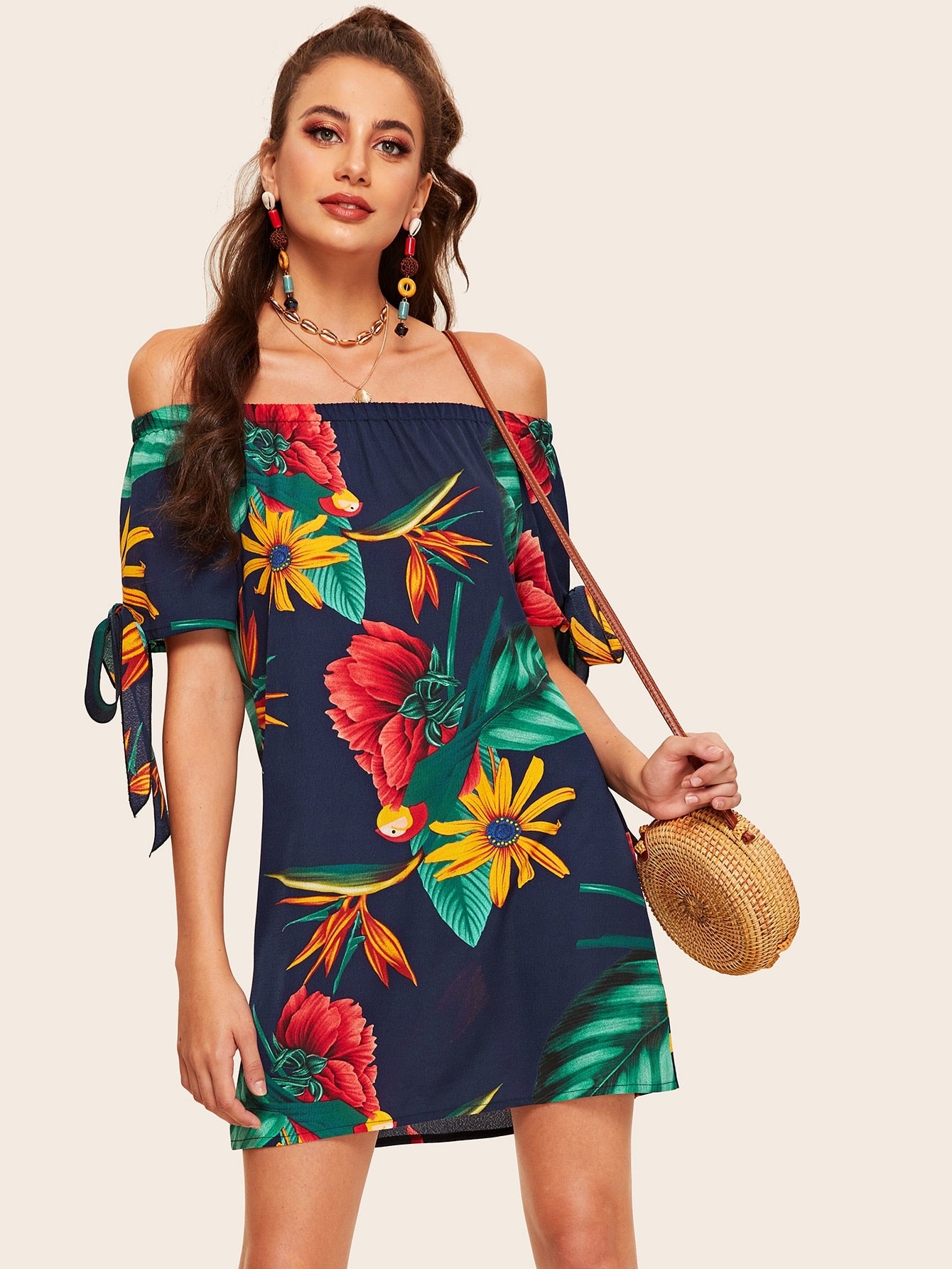 Off The Shoulder Floral Print Knot Cuff Dress