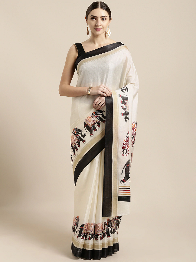 Off-White Silk Blend Solid Khadi Saree